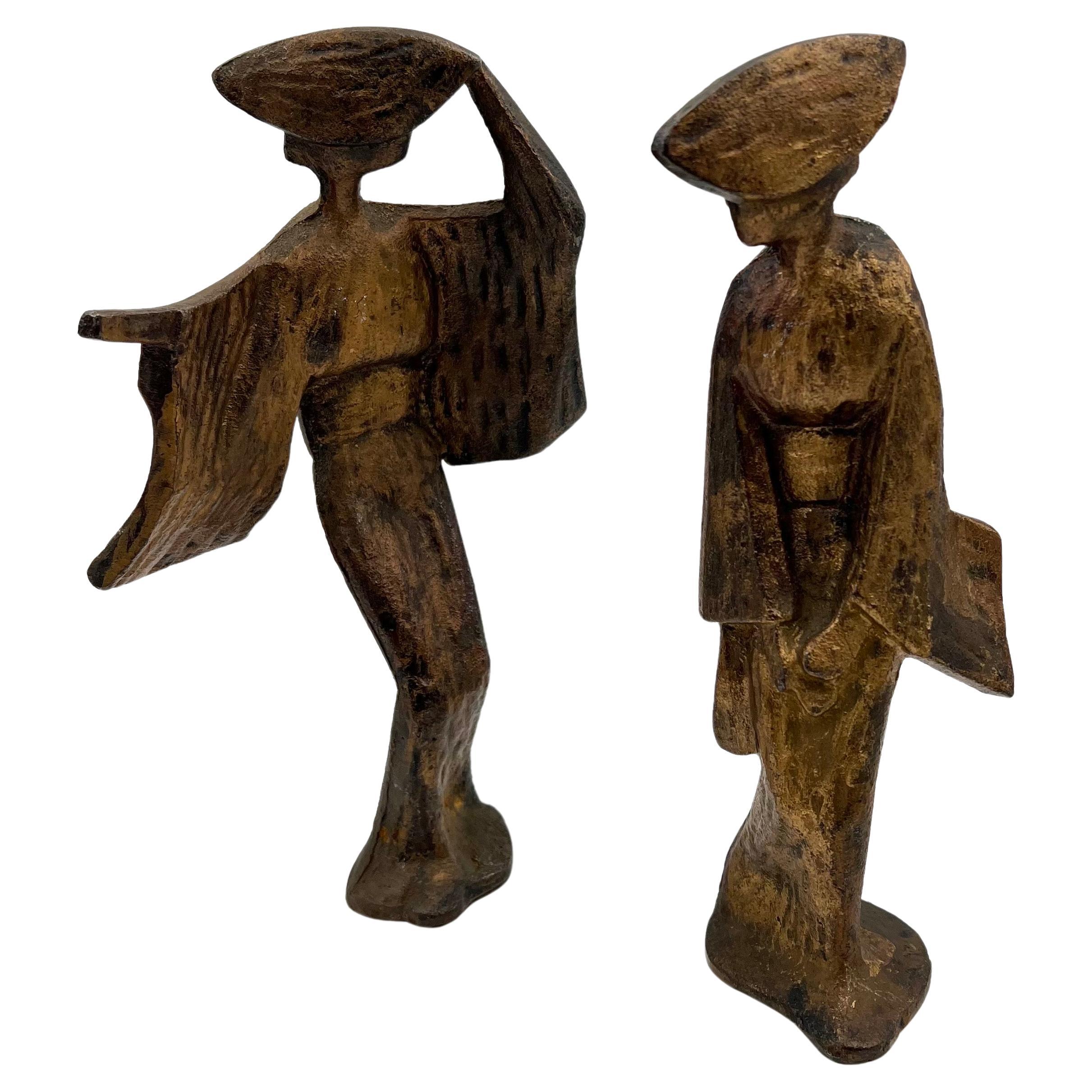 Pair of Tall Midcentury Japanese Geisha Dancing Figures Sculptures For Sale