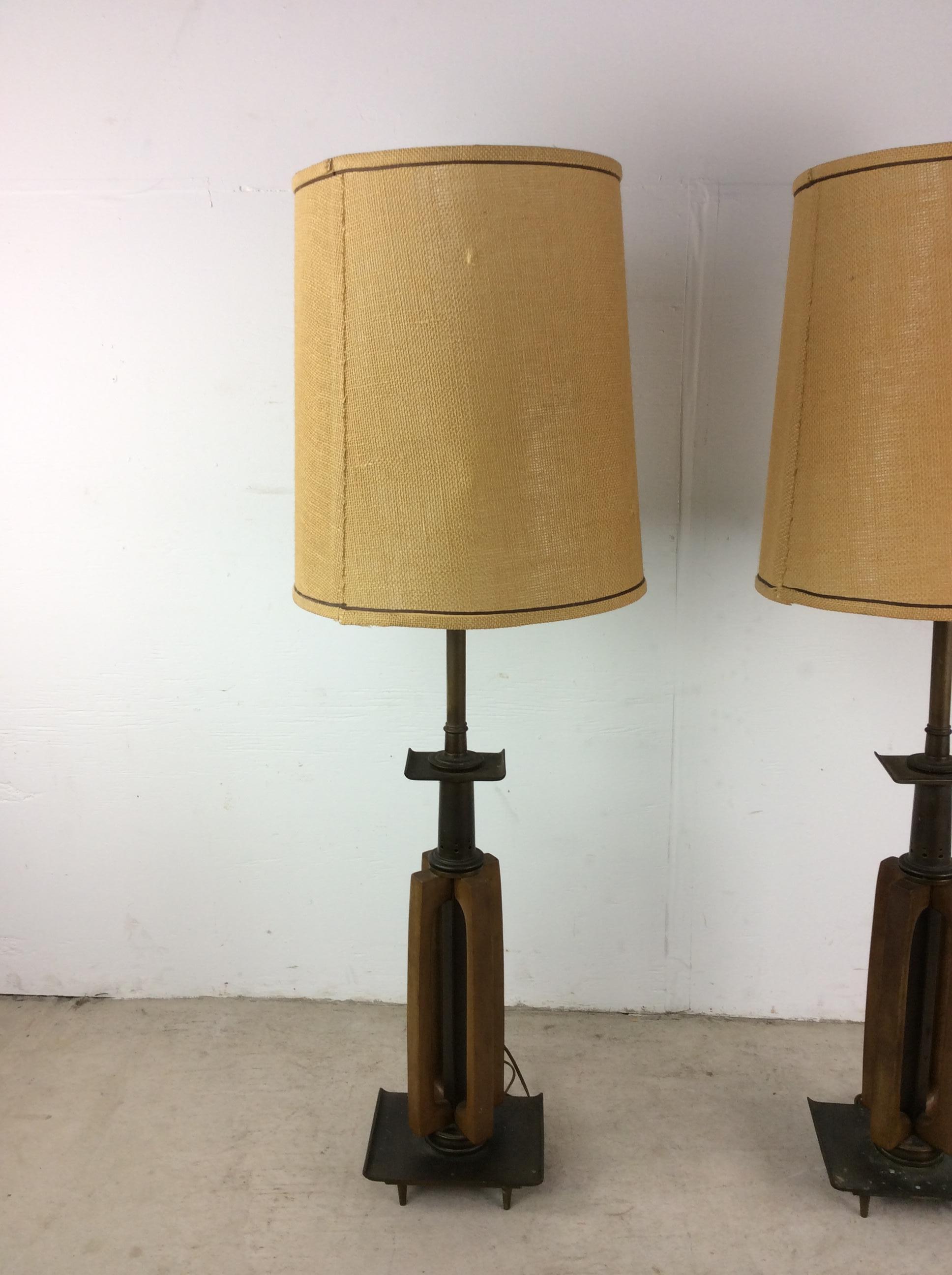 Pair of Tall Mid Century Modern Brass & Walnut Table Lamps For Sale 1