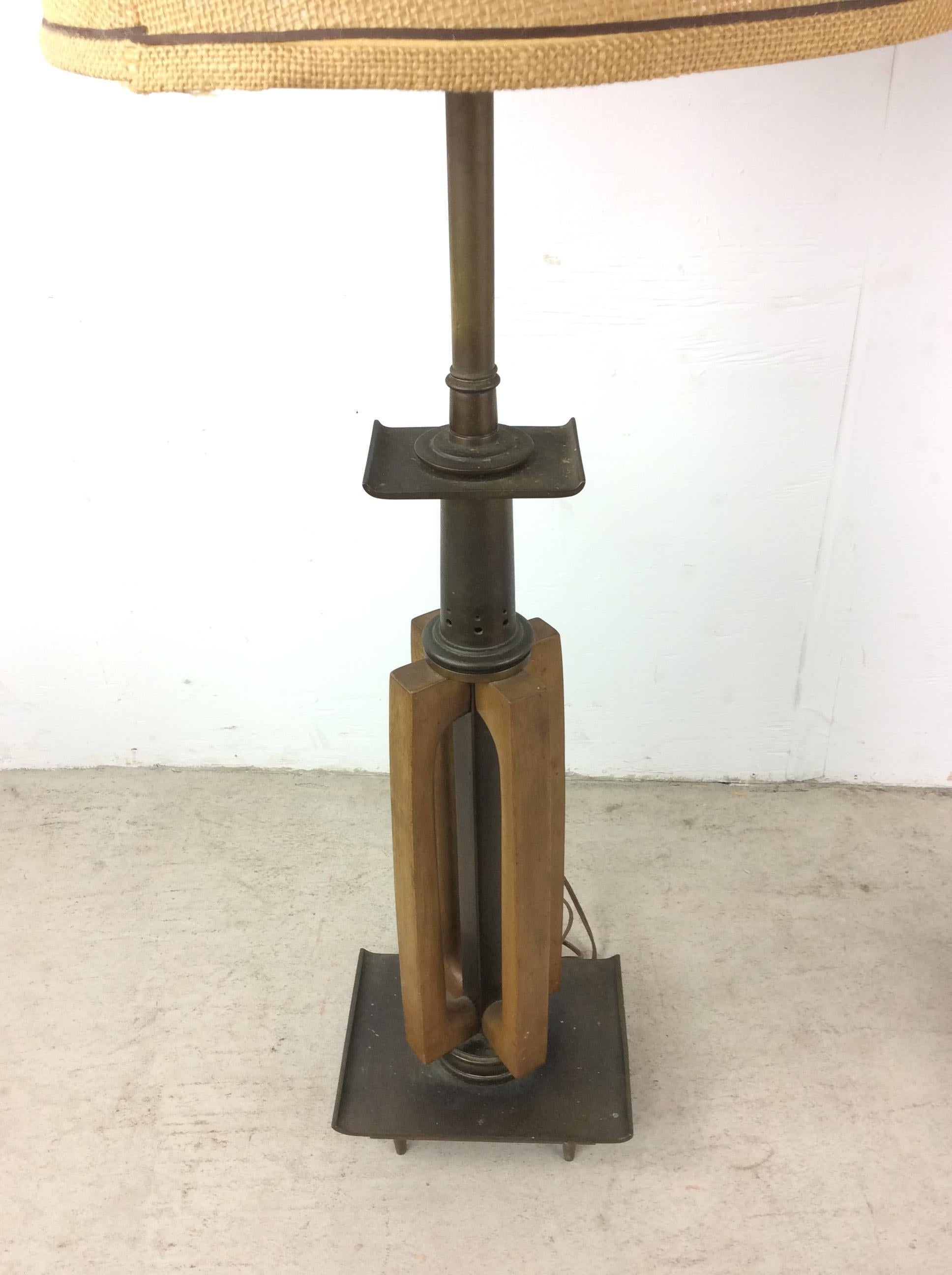 Pair of Tall Mid Century Modern Brass & Walnut Table Lamps For Sale 3