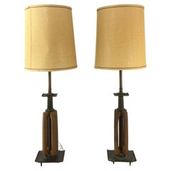 Vintage Pair of Tall Mid Century Modern Brass & Walnut Table Lamps