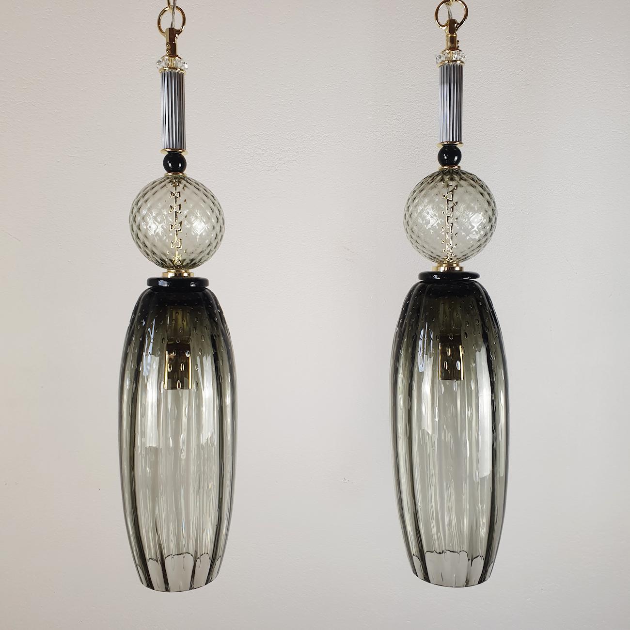 Mid-Century Modern Pair of Tall Pendant Murano Glass & Brass Lights