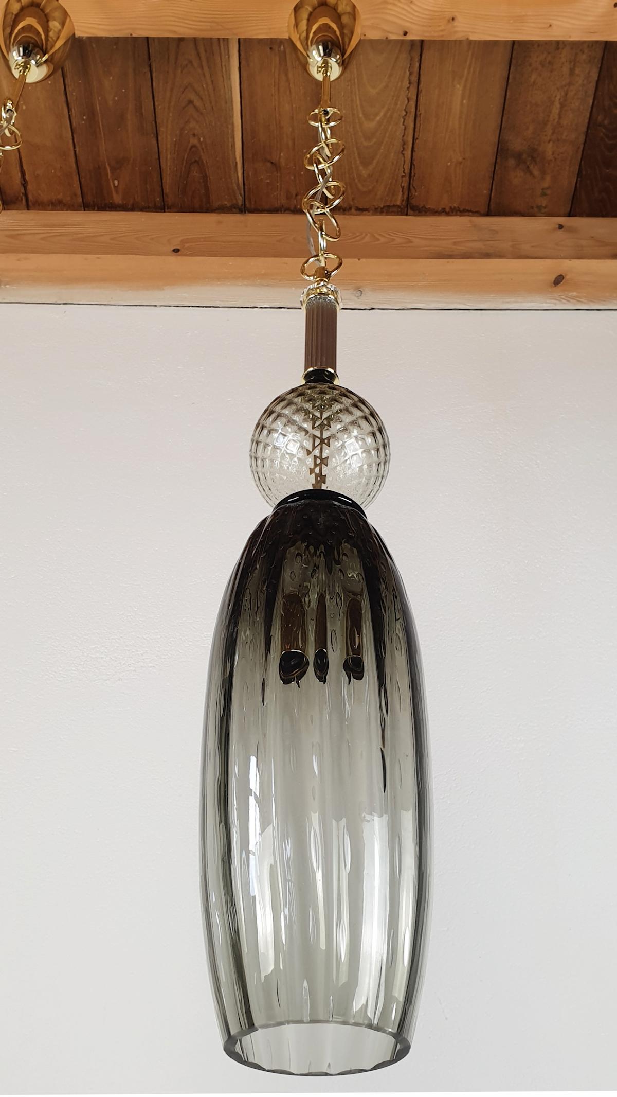 Italian Pair of Tall Pendant Murano Glass & Brass Lights