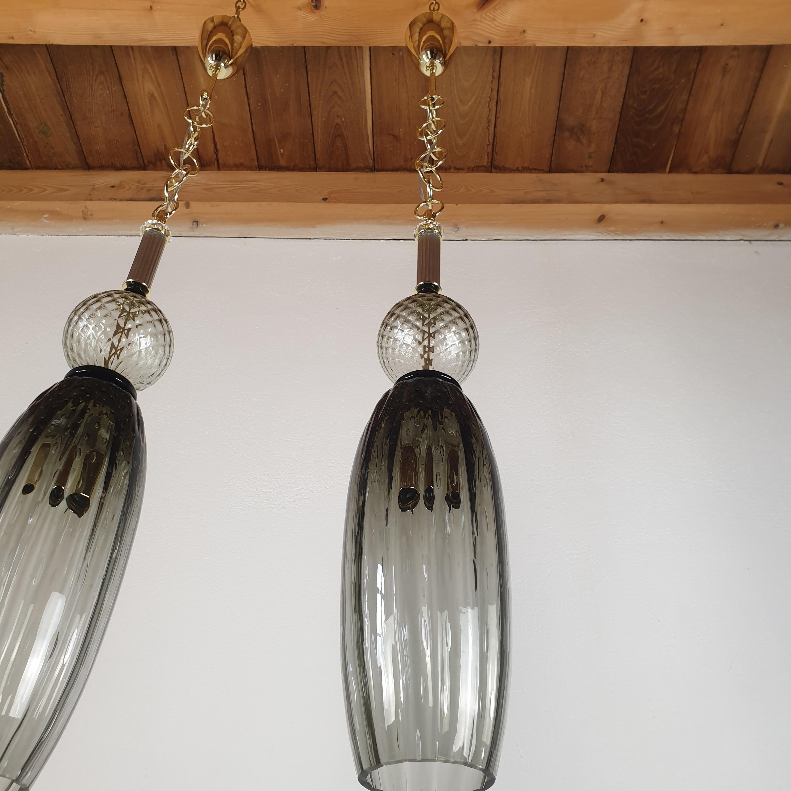 Pair of Tall Pendant Murano Glass & Brass Lights In Excellent Condition In Dallas, TX