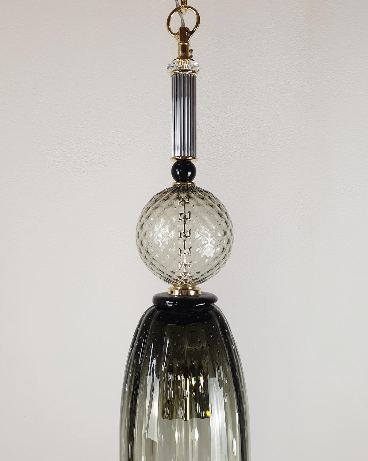 Late 20th Century Pair of Tall Pendant Murano Glass & Brass Lights