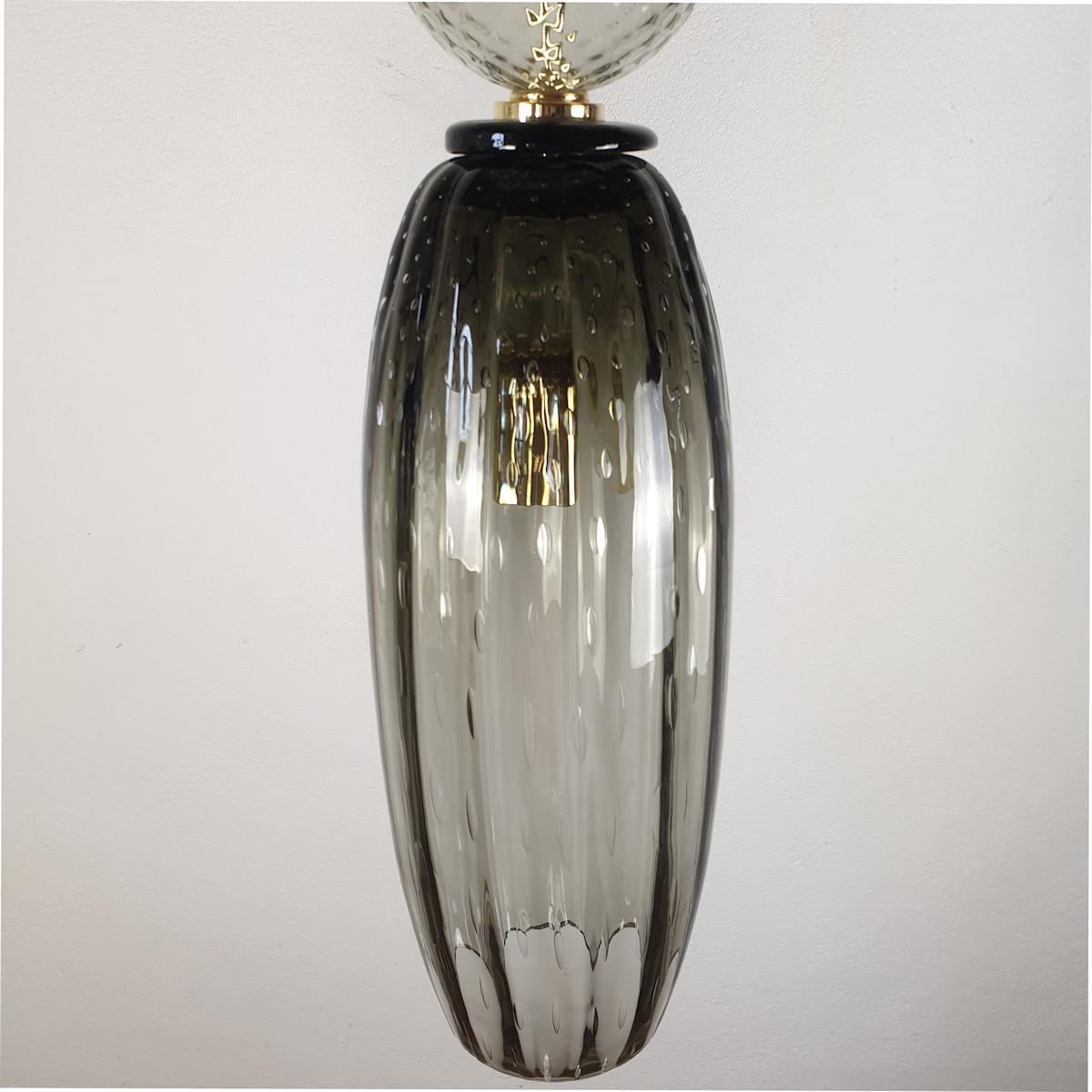 Pair of Tall Pendant Murano Glass & Brass Lights 3