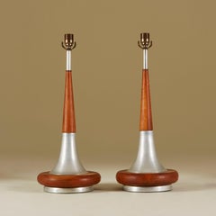 Pair of Tall Mid-Century Modern Walnut and Chrome Tapered Table Lamps