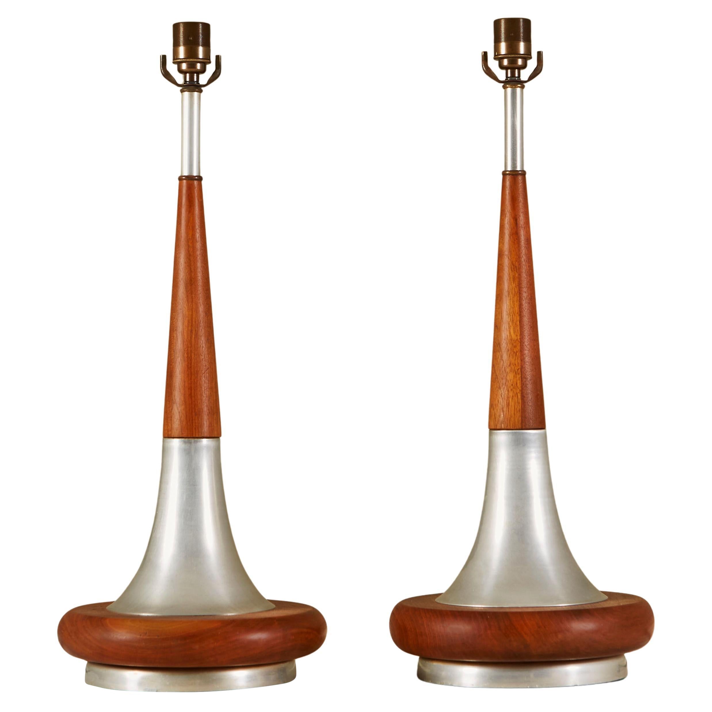 Pair of Tall Mid-Century Modern Walnut and Chrome Tapered Table Lamps