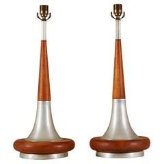 Pair of Tall Mid-Century Modern Walnut and Chrome Tapered Table Lamps
