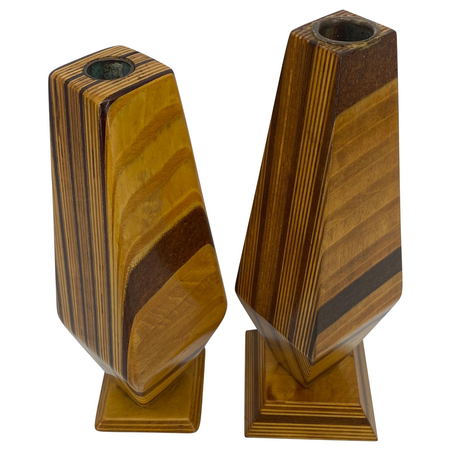 American Pair of Tall Mid-Century Modern Wooden Candle Holders