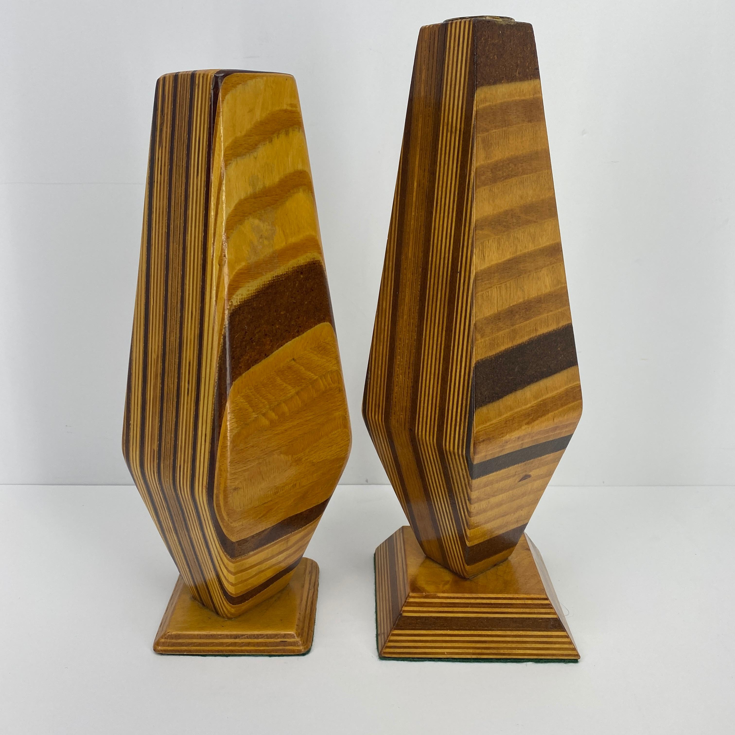 Inlay Pair of Tall Mid-Century Modern Wooden Candle Holders