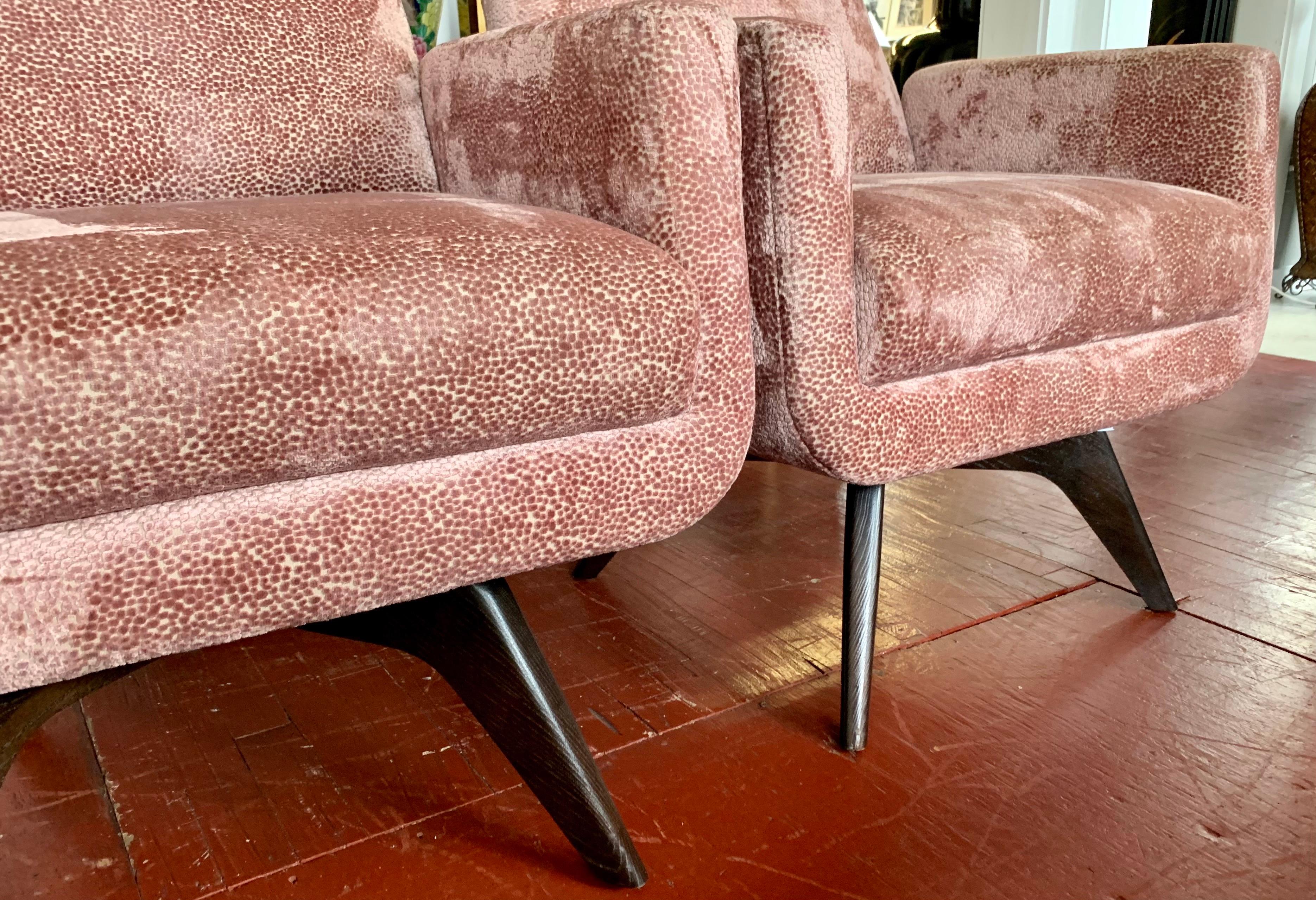 Pair of Tall Midcentury Style Swivel Chairs with New Salmon Velvet Upholstery 2