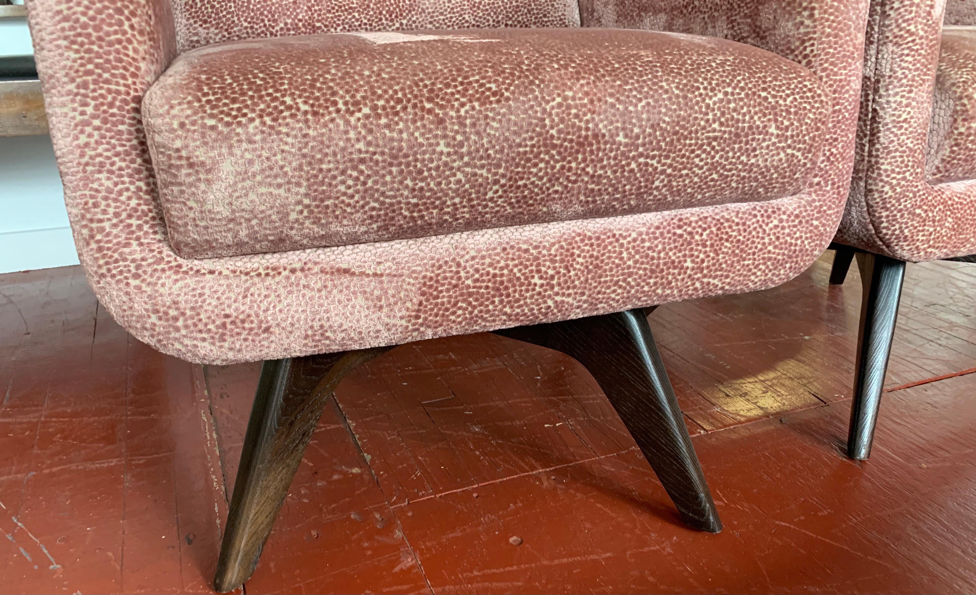 Pair of Tall Midcentury Style Swivel Chairs with New Salmon Velvet Upholstery 3