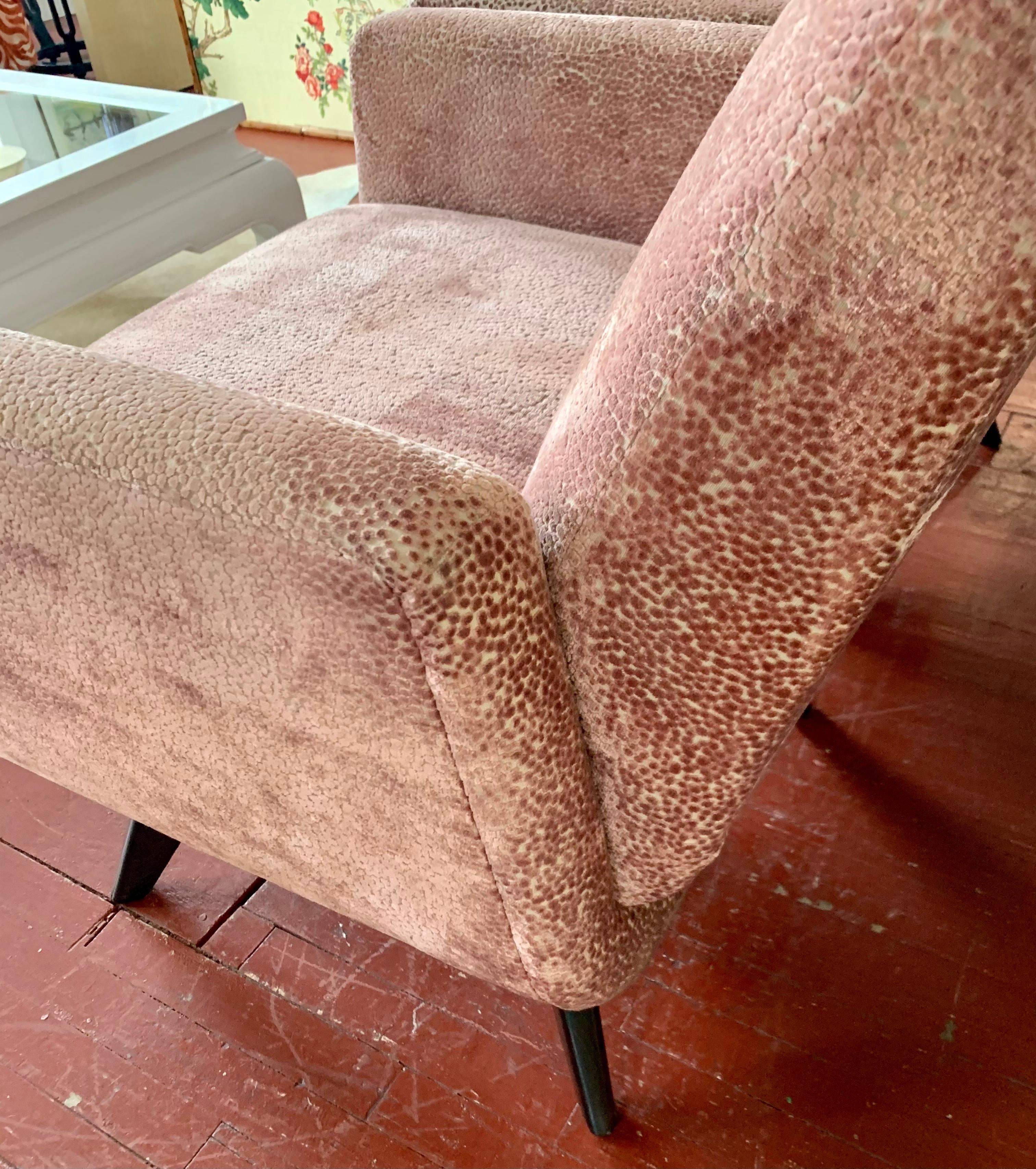 Pair of Tall Midcentury Style Swivel Chairs with New Salmon Velvet Upholstery 4