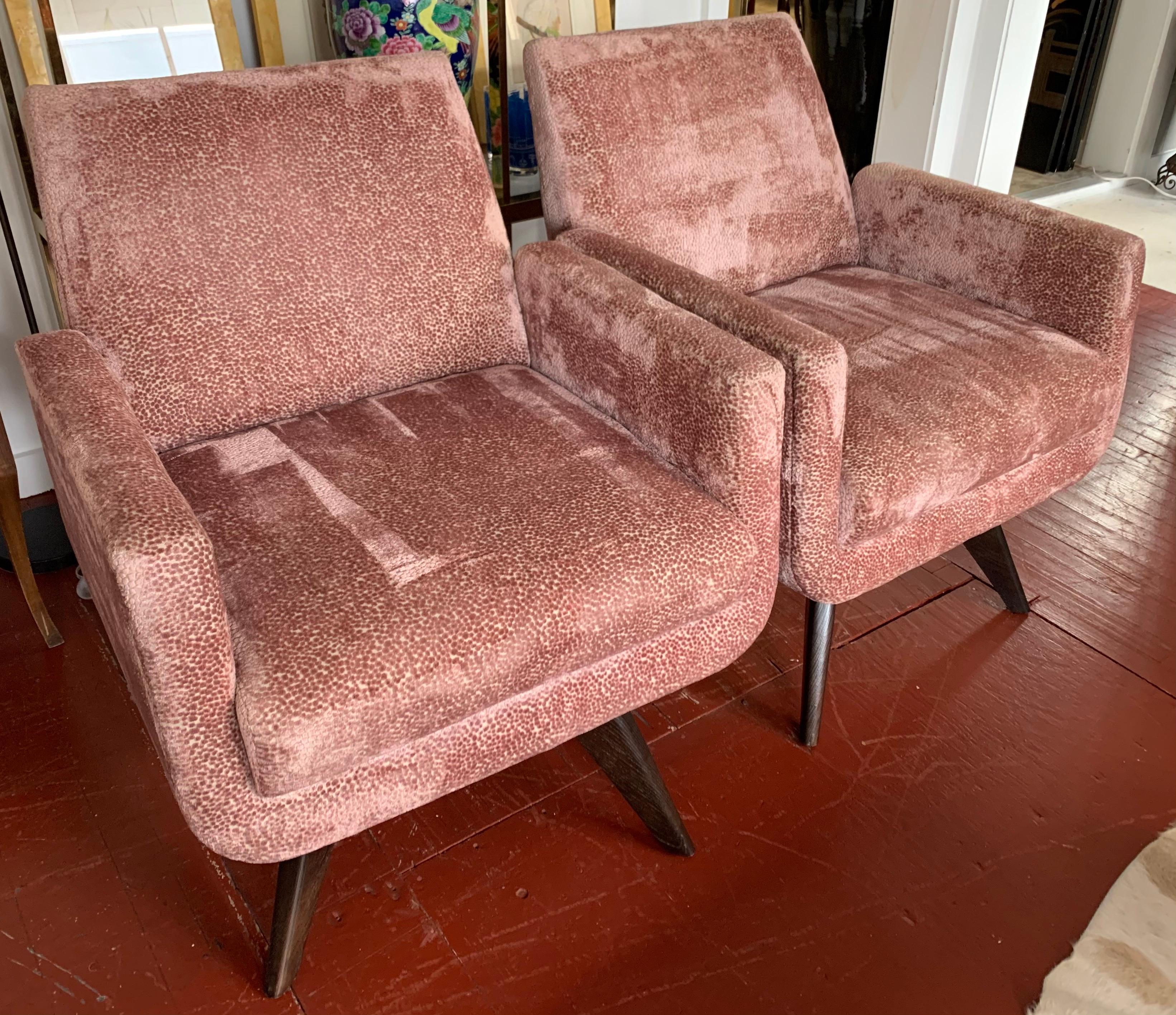 Pair of Tall Midcentury Style Swivel Chairs with New Salmon Velvet Upholstery 5