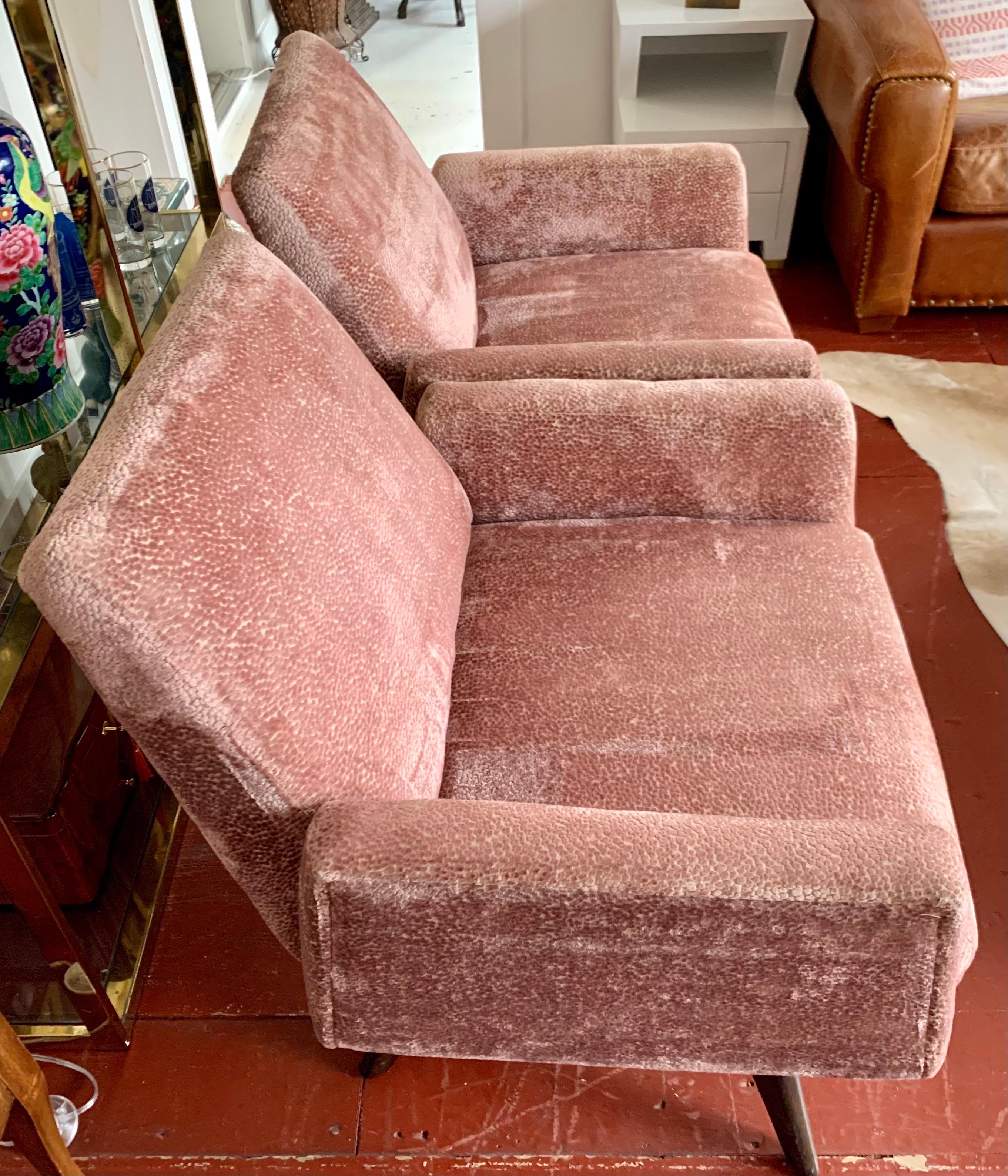Pair of Tall Midcentury Style Swivel Chairs with New Salmon Velvet Upholstery 6