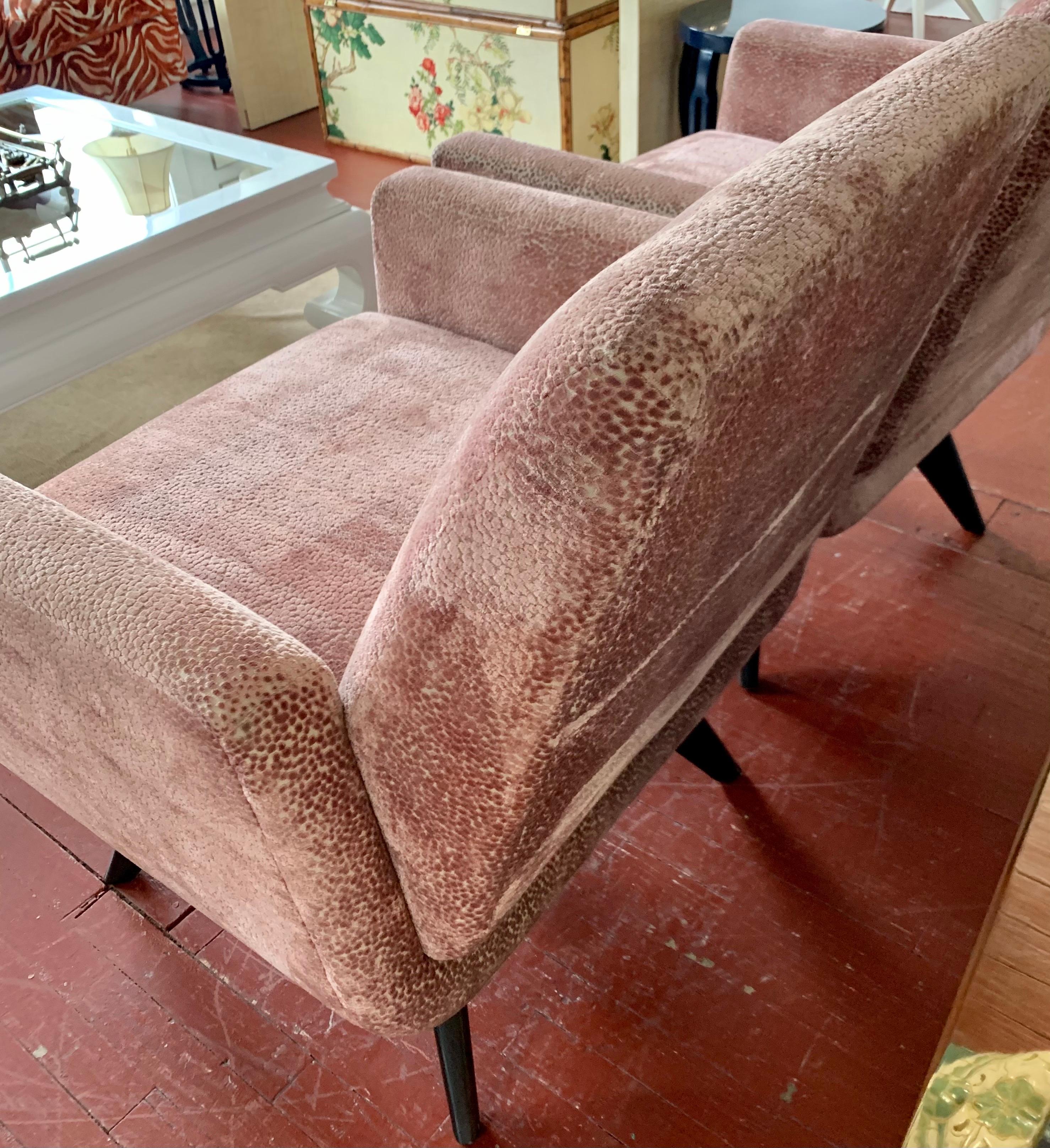 Pair of Tall Midcentury Style Swivel Chairs with New Salmon Velvet Upholstery 1
