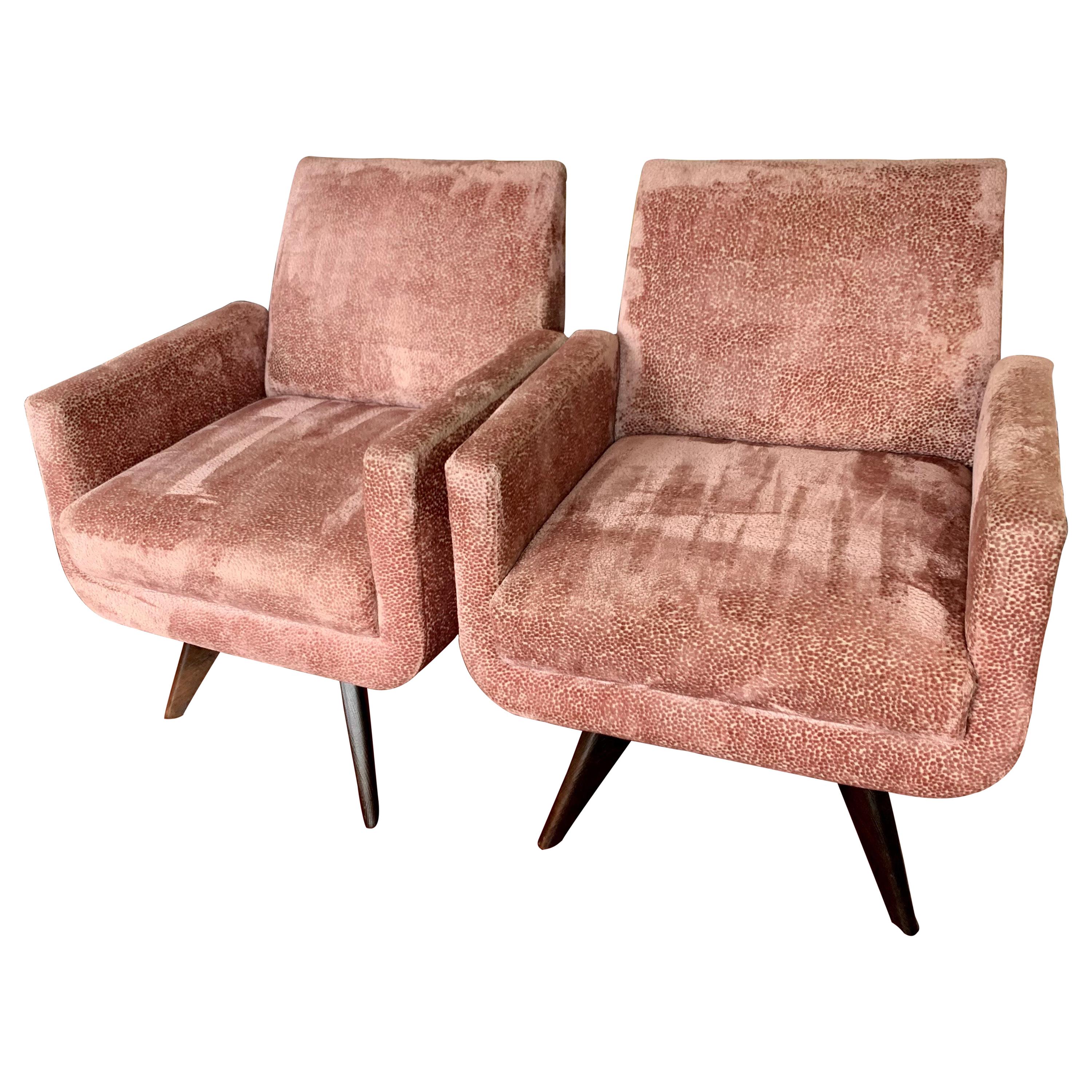 Pair of Tall Midcentury Style Swivel Chairs with New Salmon Velvet Upholstery