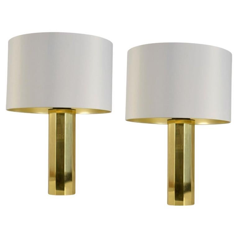 Pair of Tall Minimalist Brass Table Lamps with Octagonal Base For Sale