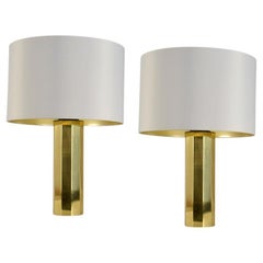 Retro Pair of Tall Minimalist Brass Table Lamps with Octagonal Base