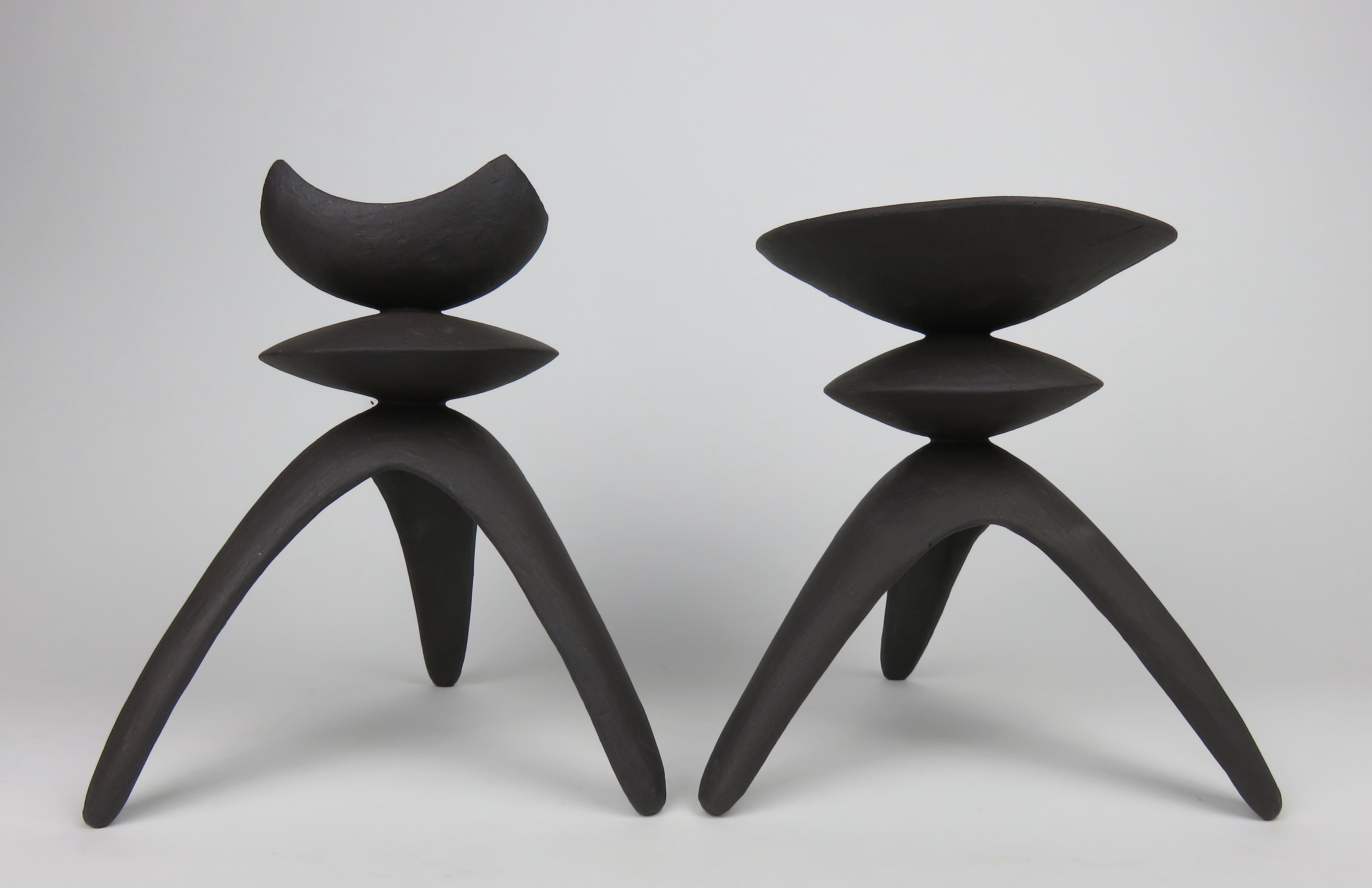 Pair of Tall Modern TOTEMS, Dark Matte Brown/Black Hand Built Ceramic Stoneware 3