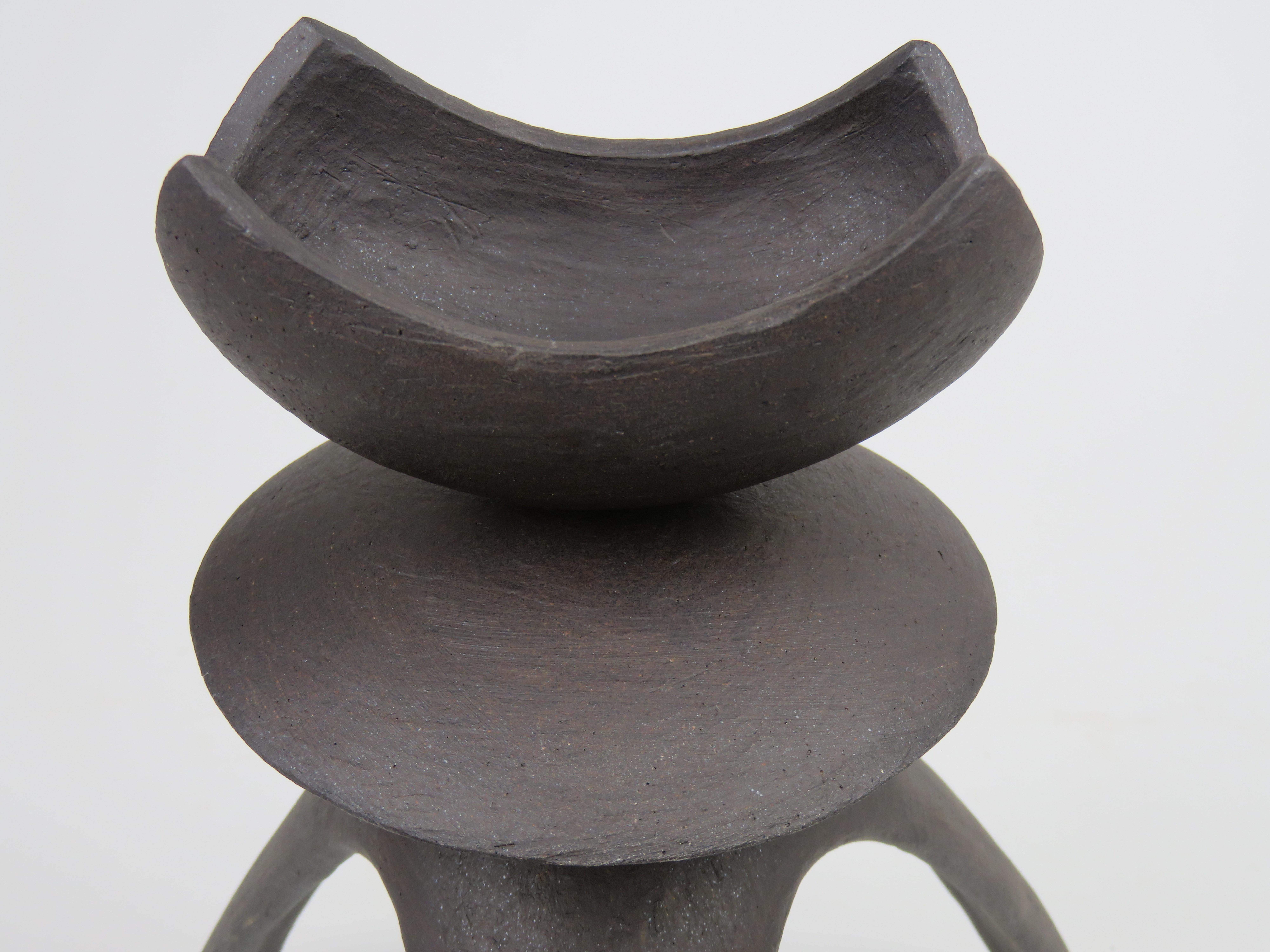 Pair of Tall Modern TOTEMS, Dark Matte Brown/Black Hand Built Ceramic Stoneware 5