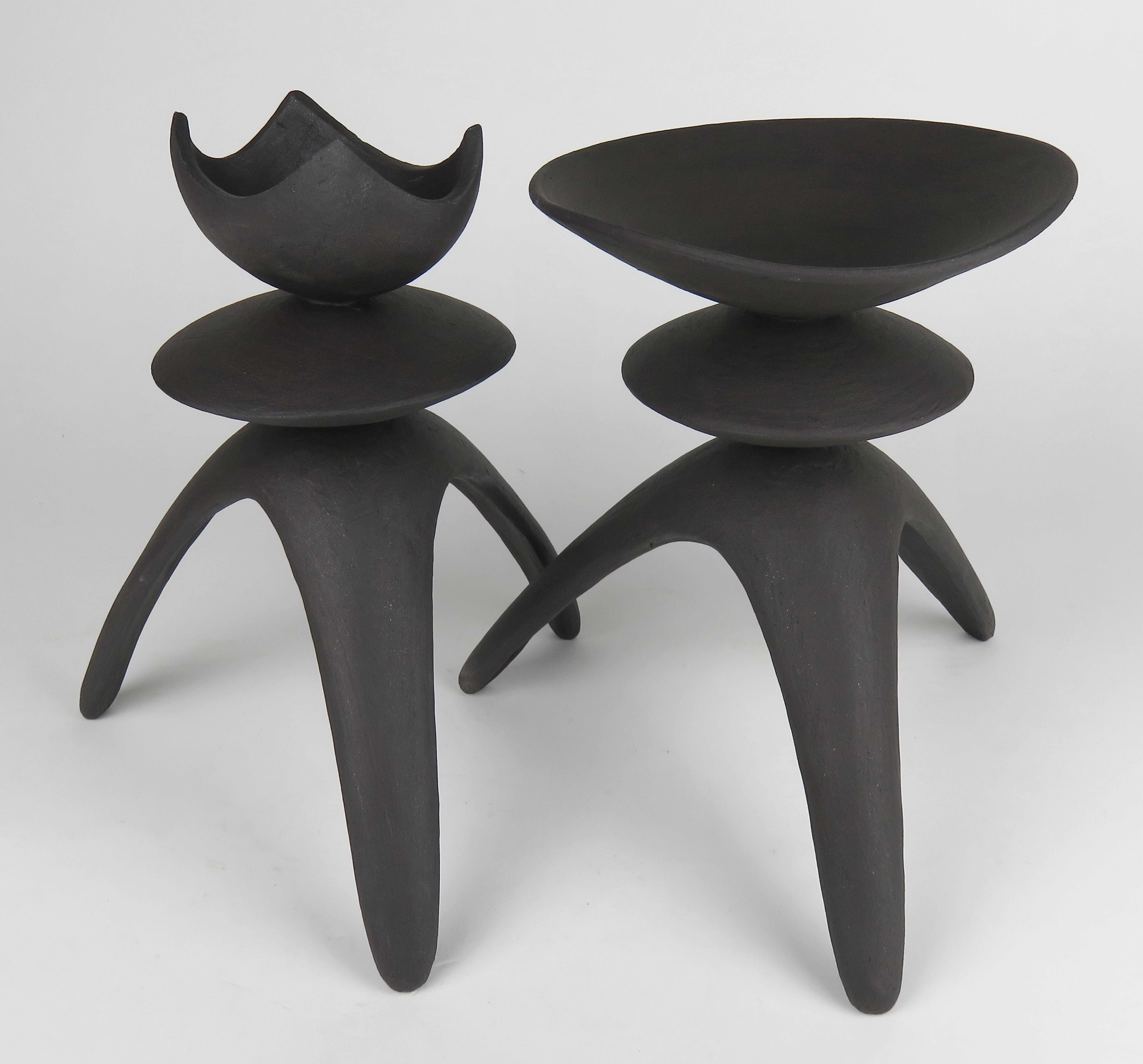 Hand-Crafted Pair of Tall Modern TOTEMS, Dark Matte Brown/Black Hand Built Ceramic Stoneware