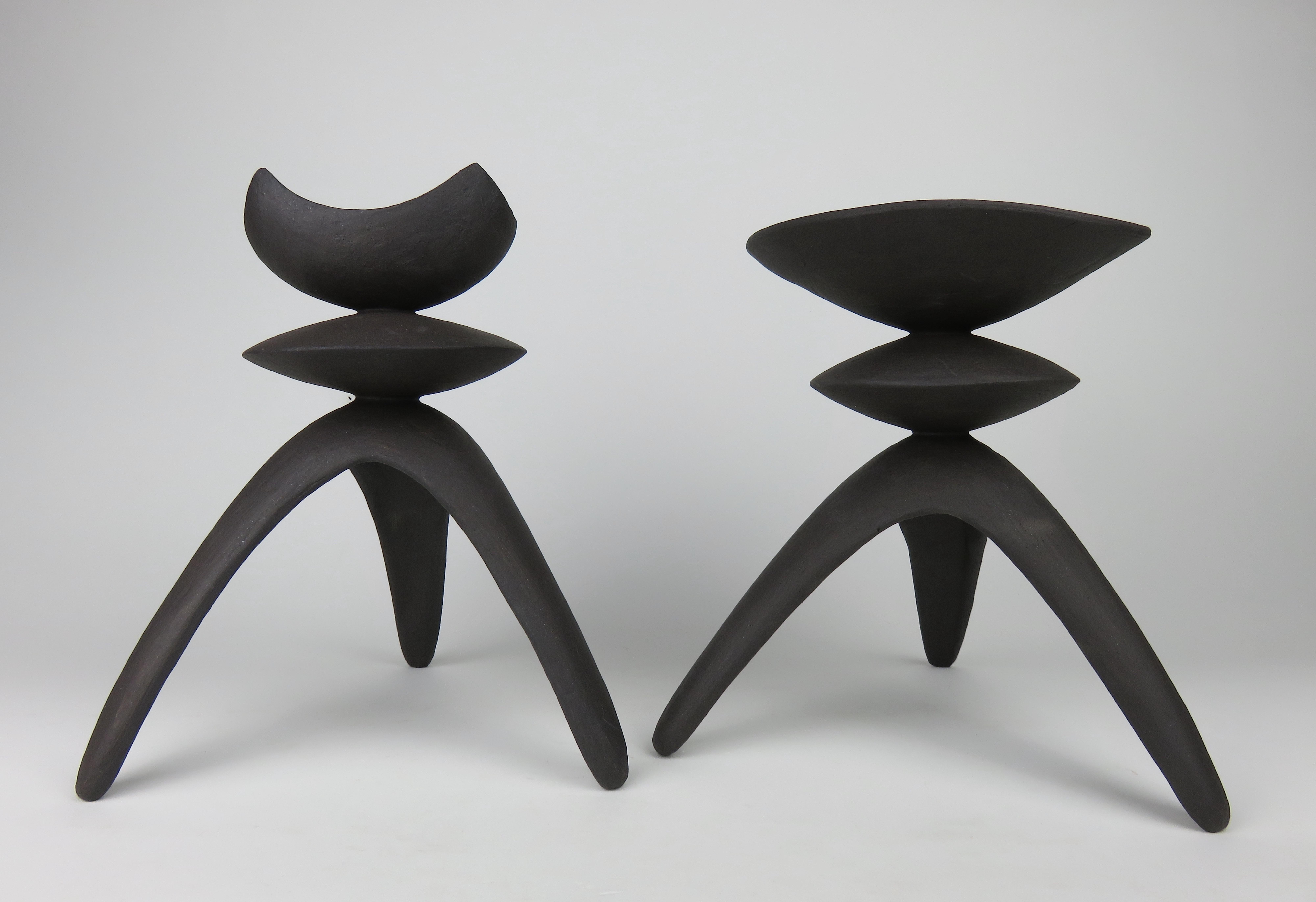 Pair of Tall Modern TOTEMS, Dark Matte Brown/Black Hand Built Ceramic Stoneware 2