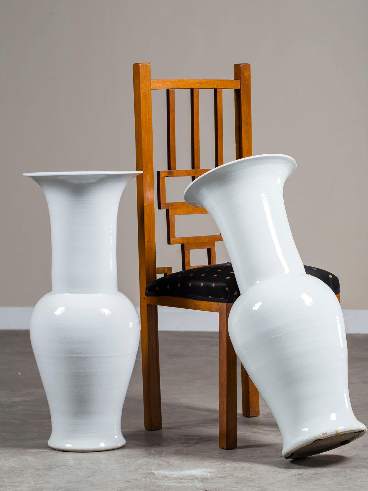 Chinese Export Pair of Tall Modern White Ceramic Handmade Chinese Temple Vases