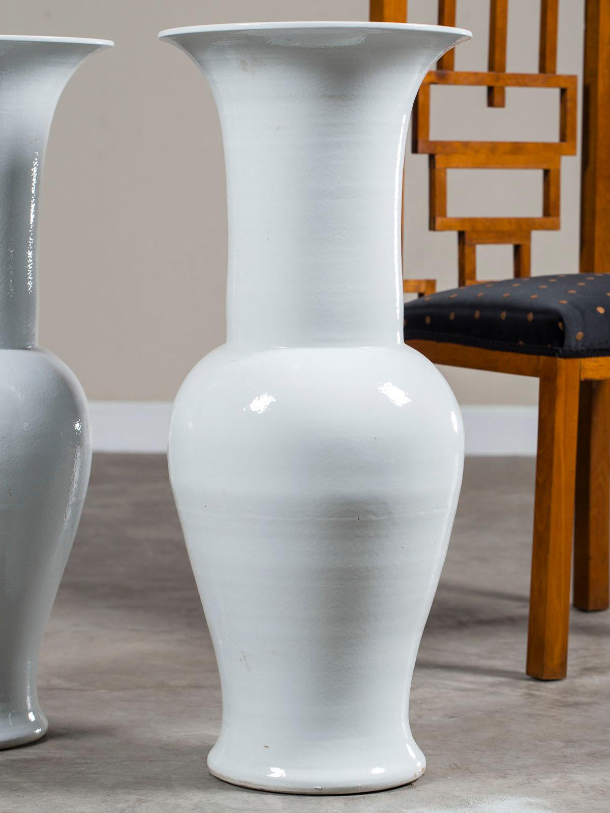 Hand-Crafted Pair of Tall Modern White Ceramic Handmade Chinese Temple Vases