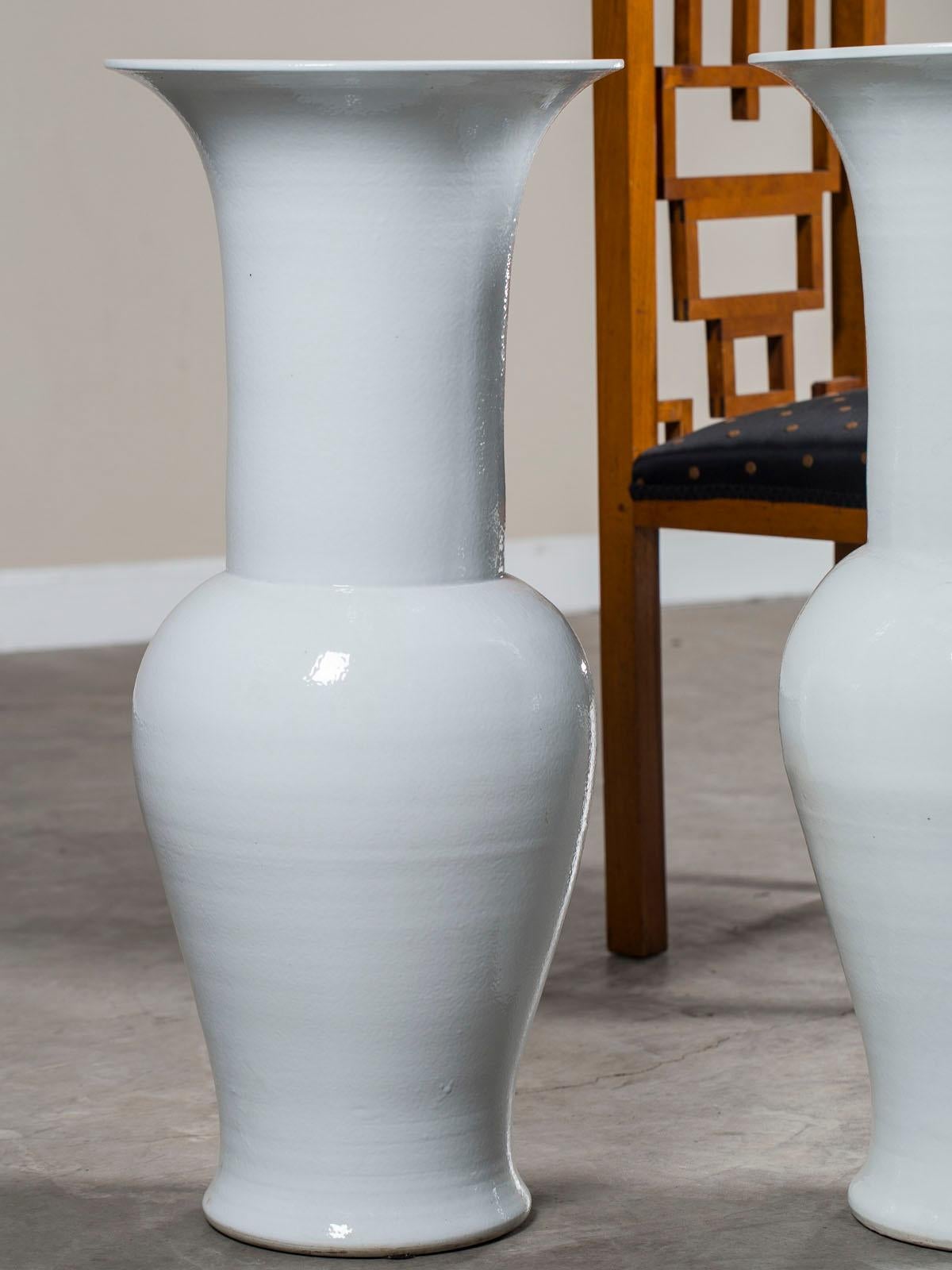 Pair of Tall Modern White Ceramic Handmade Chinese Temple Vases In Excellent Condition In Houston, TX