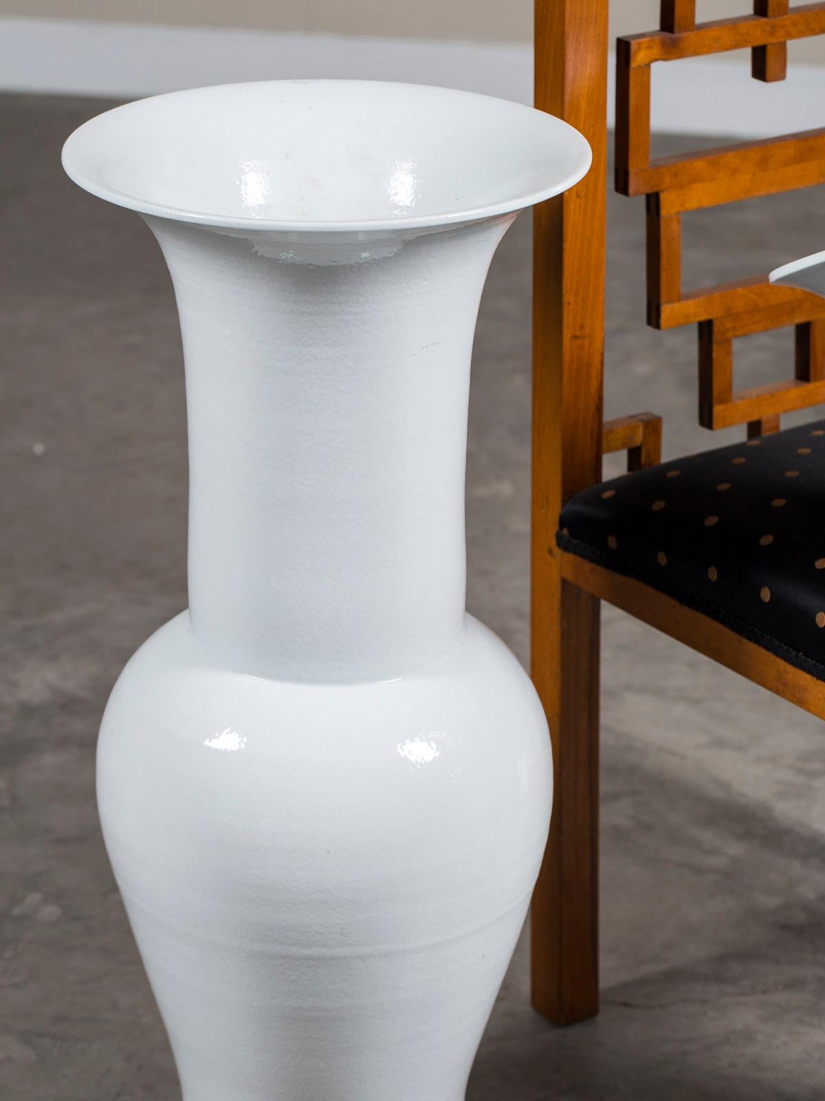 Contemporary Pair of Tall Modern White Ceramic Handmade Chinese Temple Vases