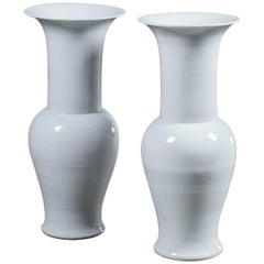 Pair of Tall Modern White Ceramic Handmade Chinese Temple Vases