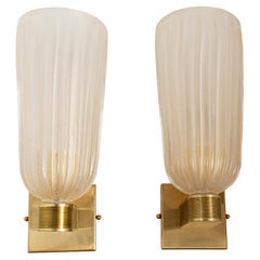 Pair of Tall Modernist Murano Gold Blown Round Wall Lights