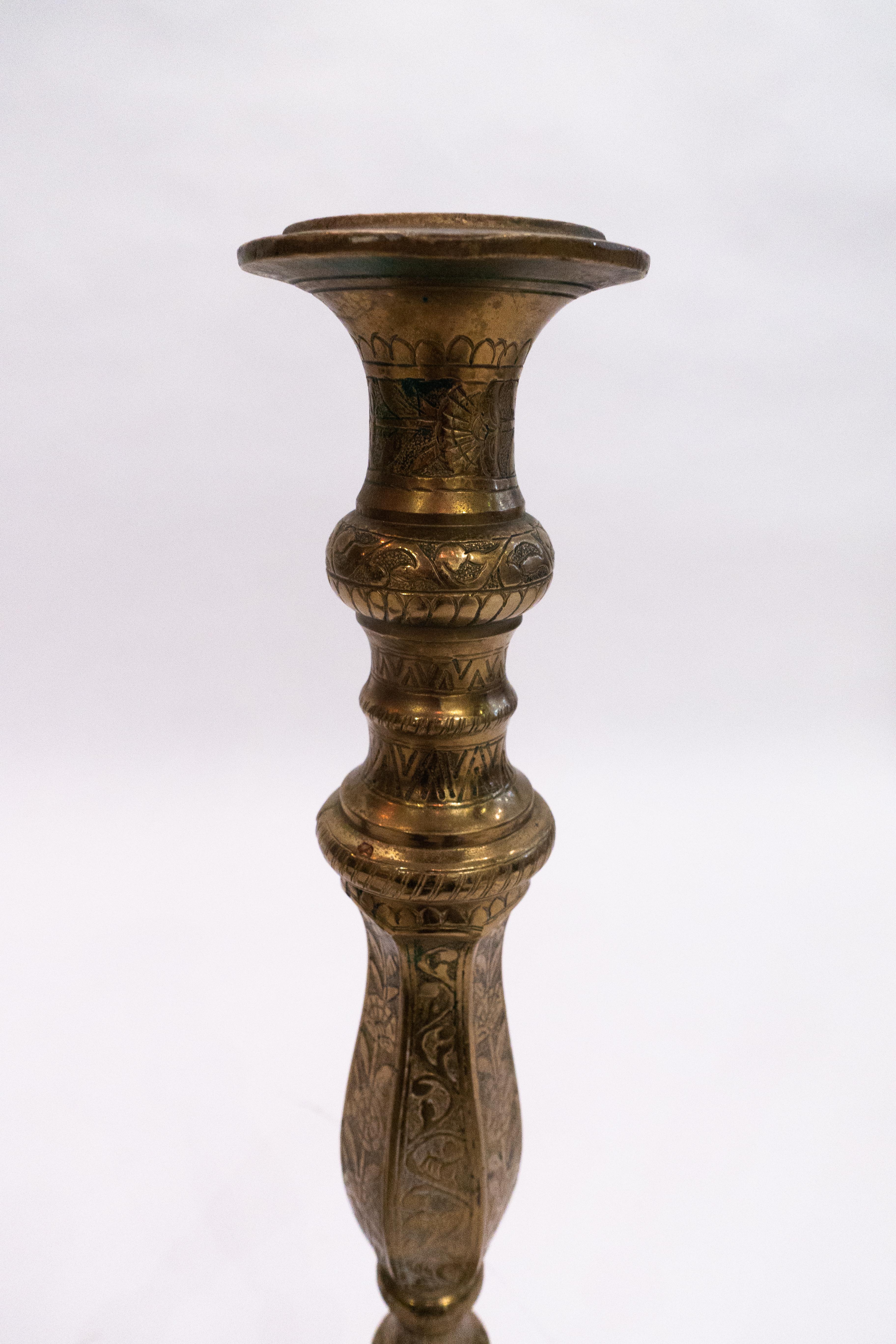 Islamic Pair of Tall Moroccan Brass Candlesticks, 1950s