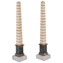 Pair of Tall Multicolored Striped Specimen Marble Obelisks, 19th Century