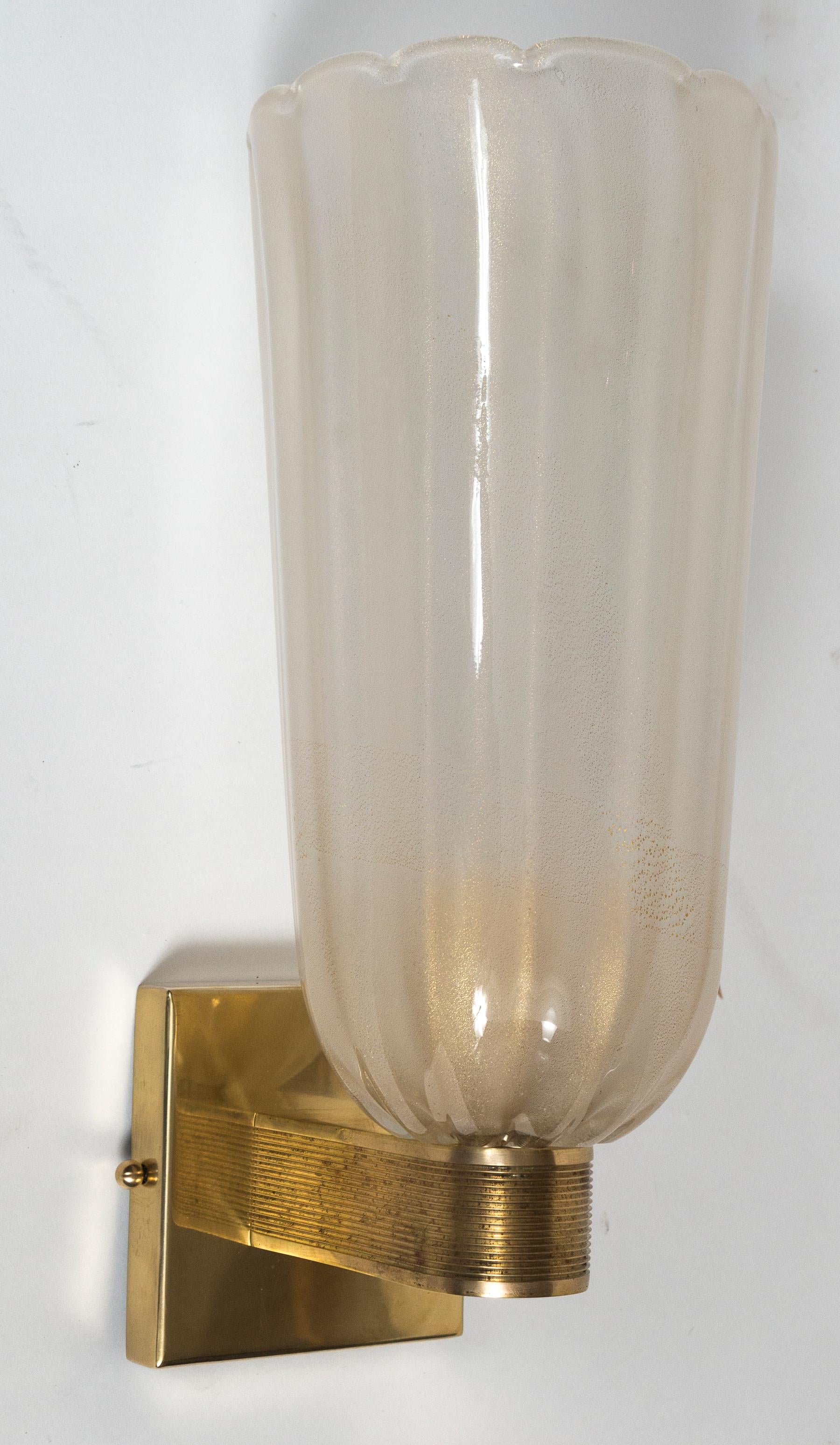 Italian Pair of Tall Murano Blown Gold Wall Lights, UL Certified For Sale