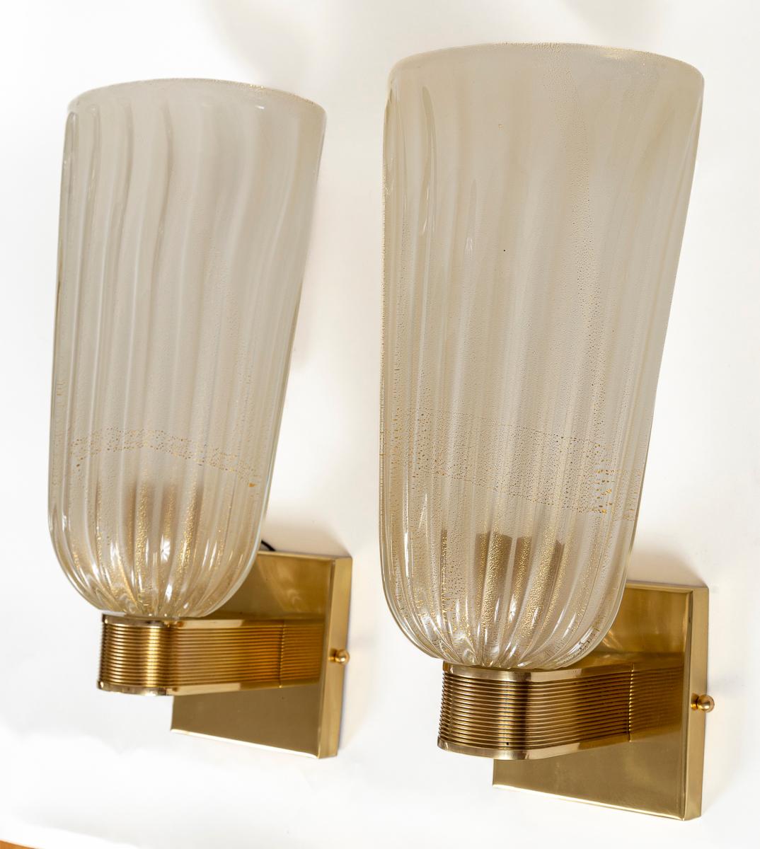 Italian Pair of Tall Murano Blown Gold Wall Lights, UL Certified