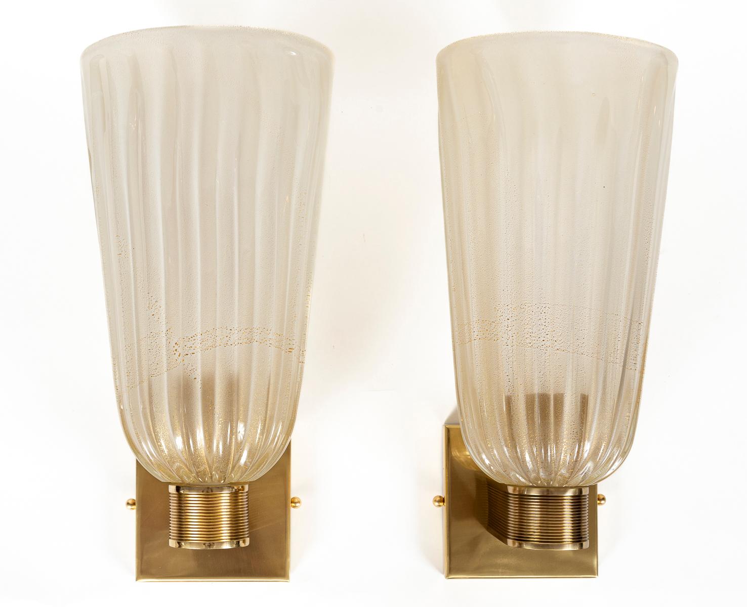 Pair of Tall Murano Blown Gold Wall Lights, UL Certified In Excellent Condition In Westport, CT