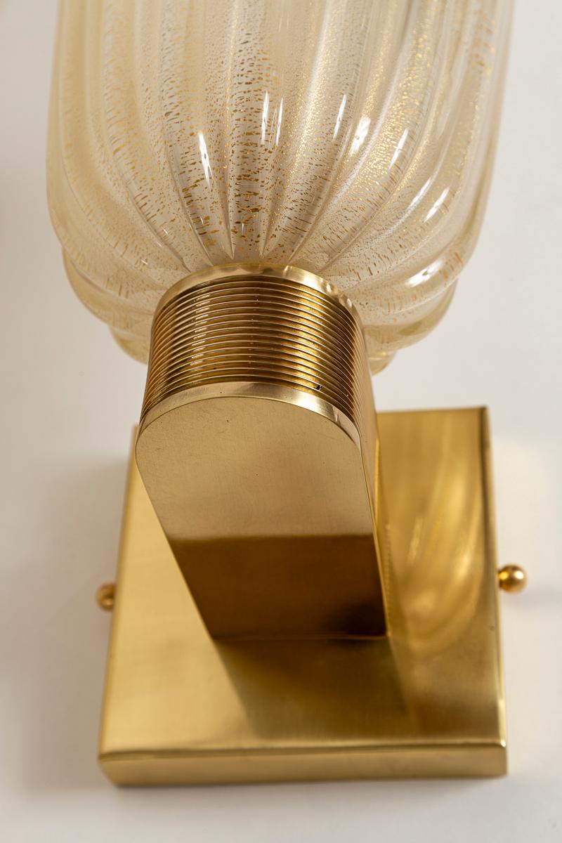 Blown Glass Pair of Tall Murano Blown Gold Wall Lights, UL Certified
