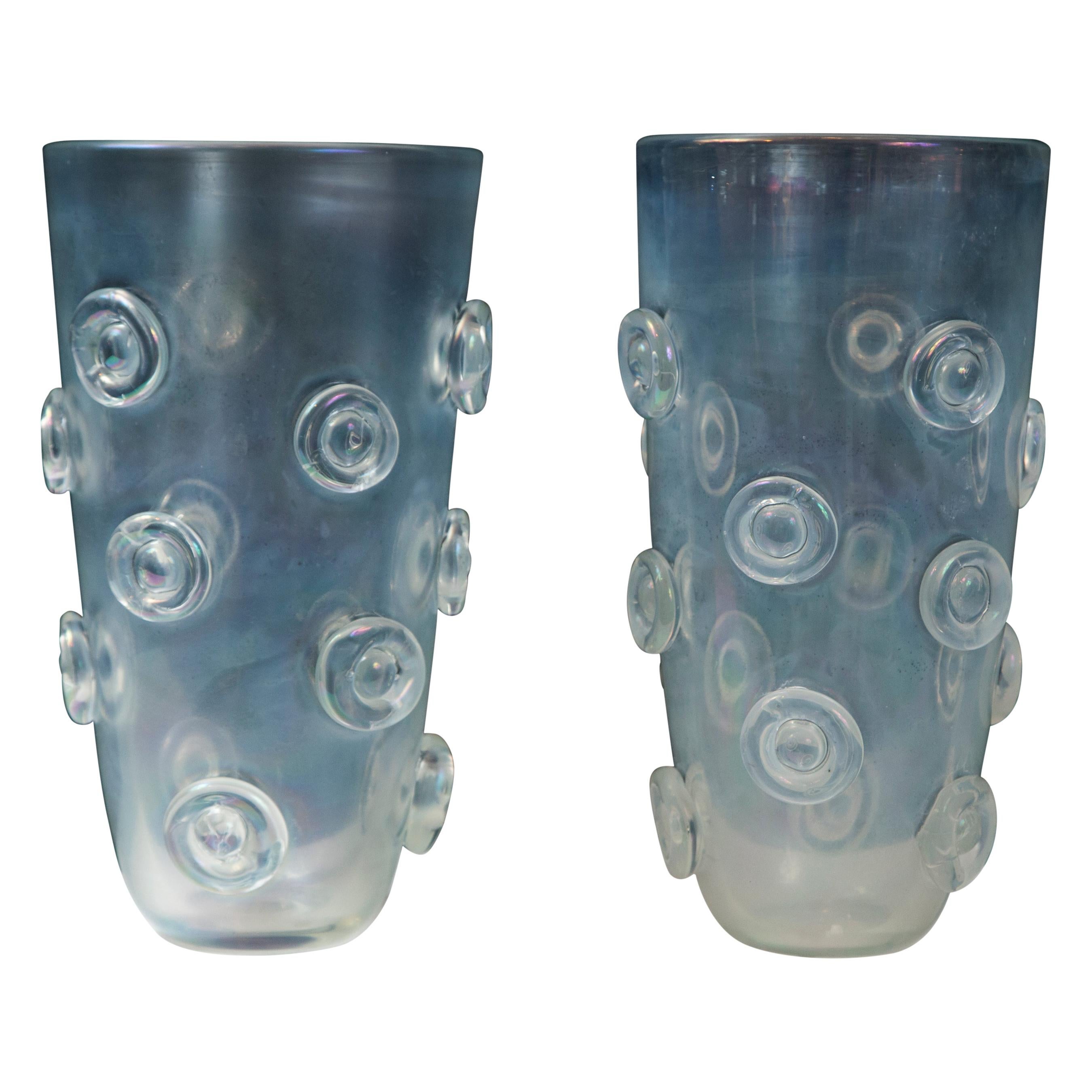 Pair of Tall Murano Blown Iridescent Vases