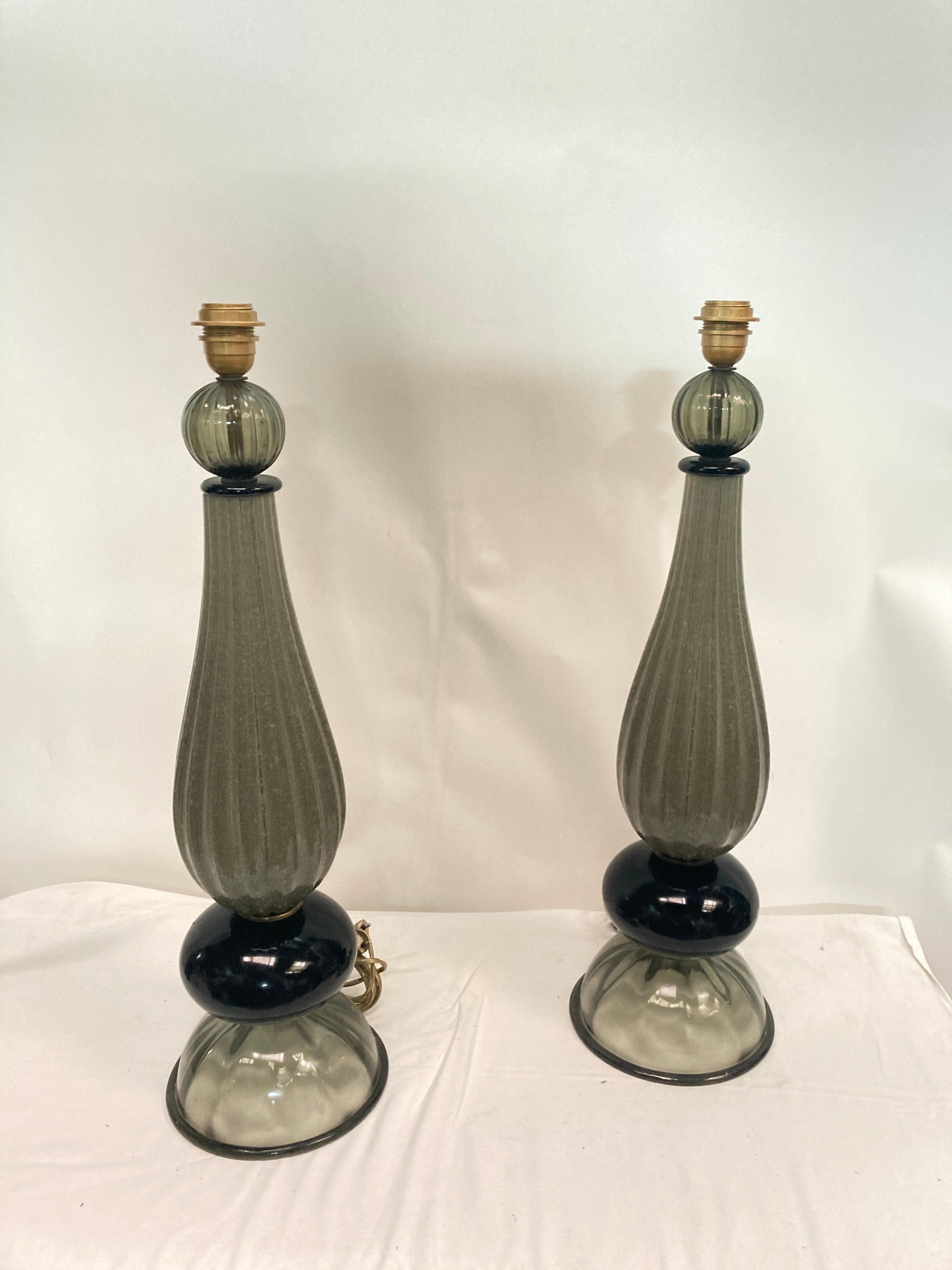 Pair of tall Murano glass lamps
Grey and black
Re-wired 
No shade included

