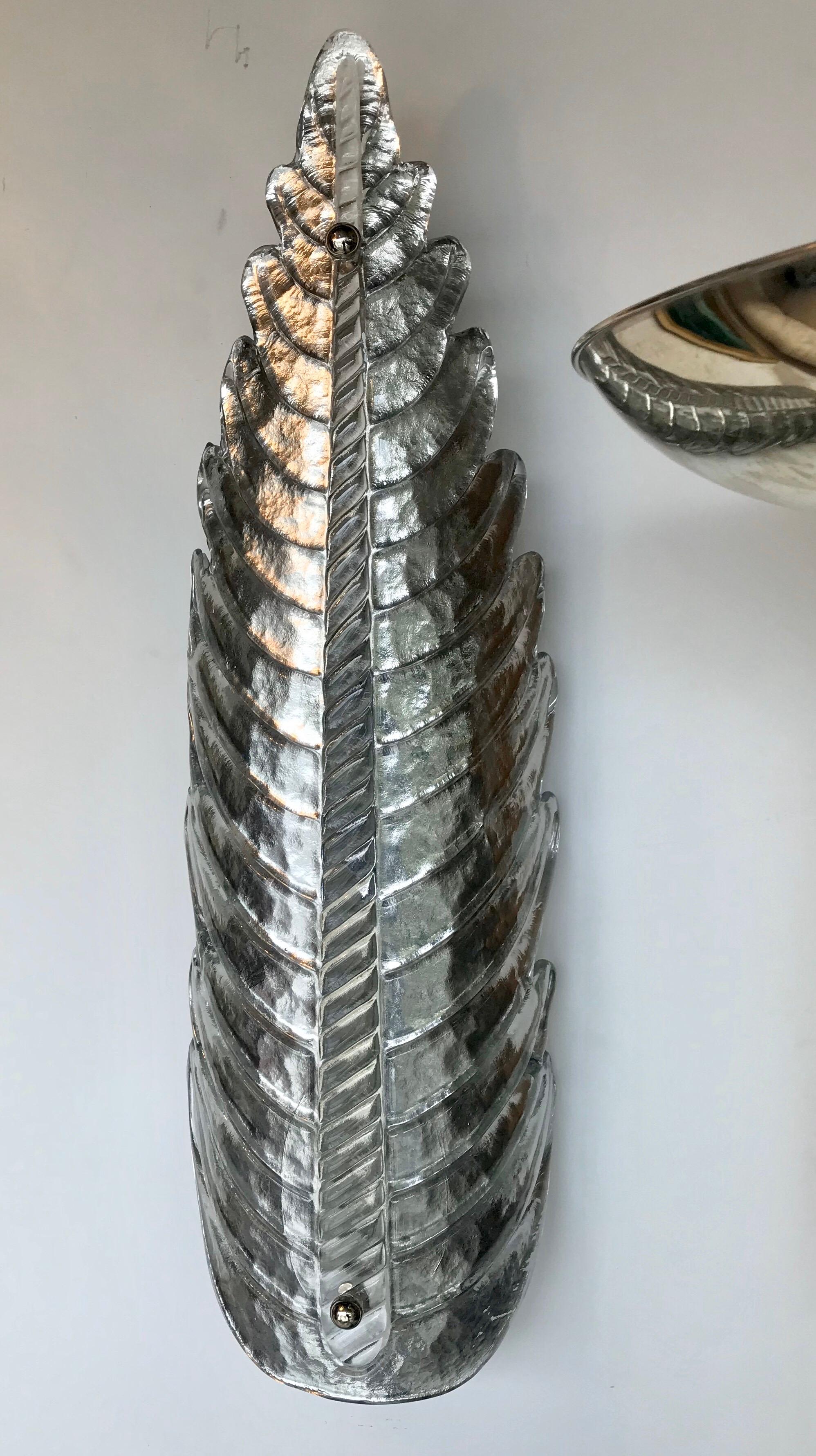 Mid-Century Modern Pair of Tall Murano Glass Silver Leaf Sconces