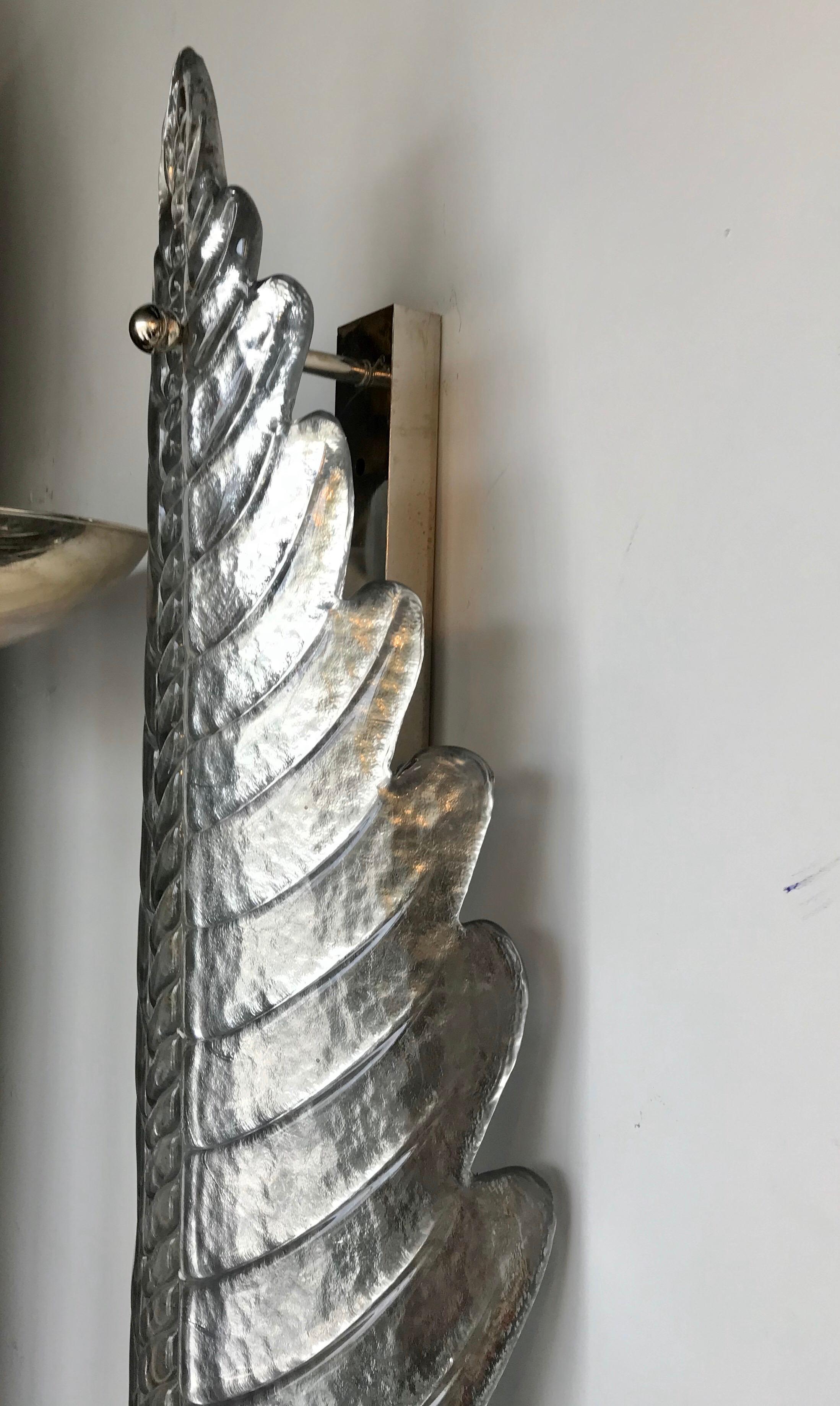 Italian Pair of Tall Murano Glass Silver Leaf Sconces