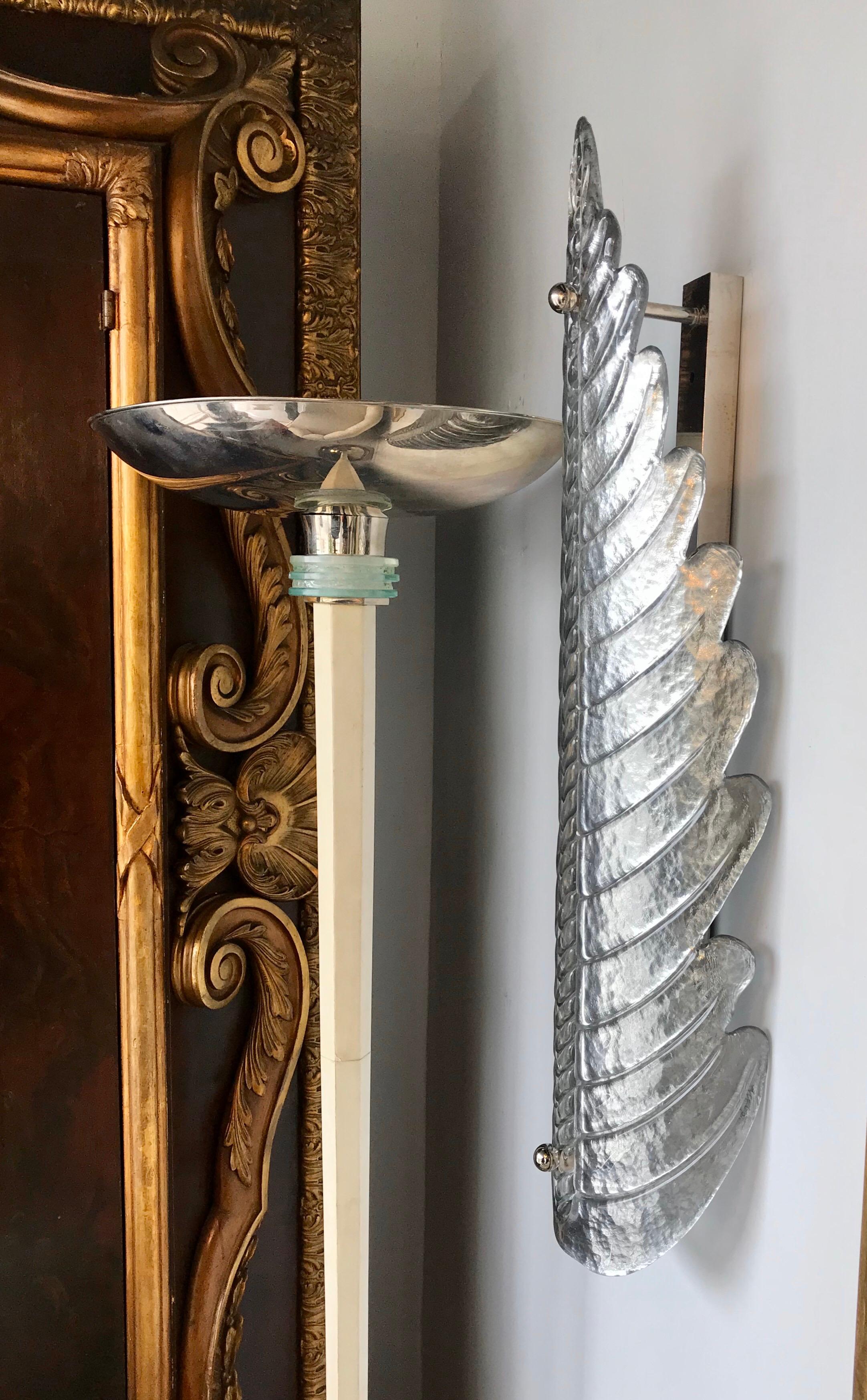 Pair of Tall Murano Glass Silver Leaf Sconces In Good Condition In Miami, FL