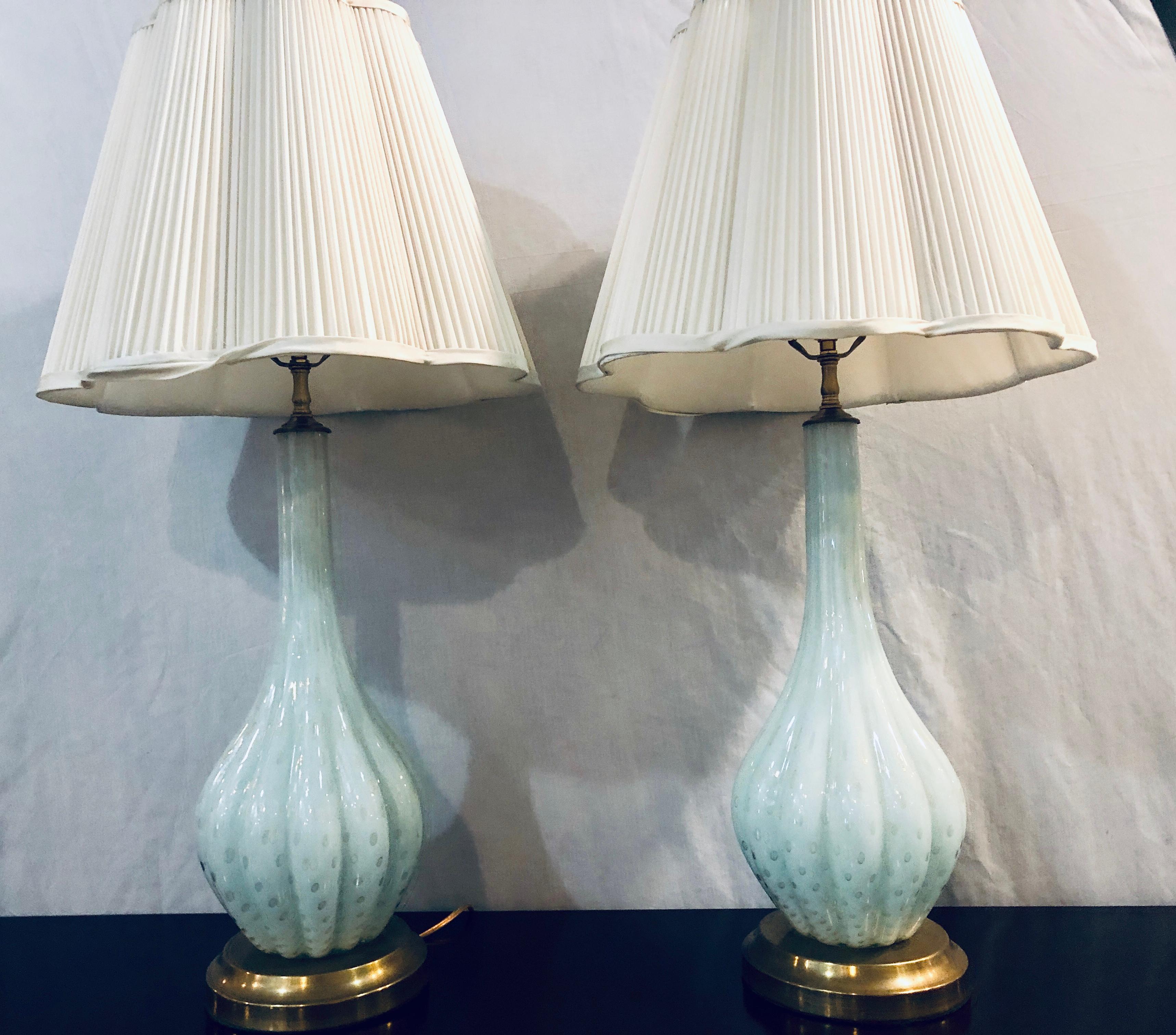 Art Deco Pair of Tall Murano Glass White Blue Color Tear Drop Design Table Lamps