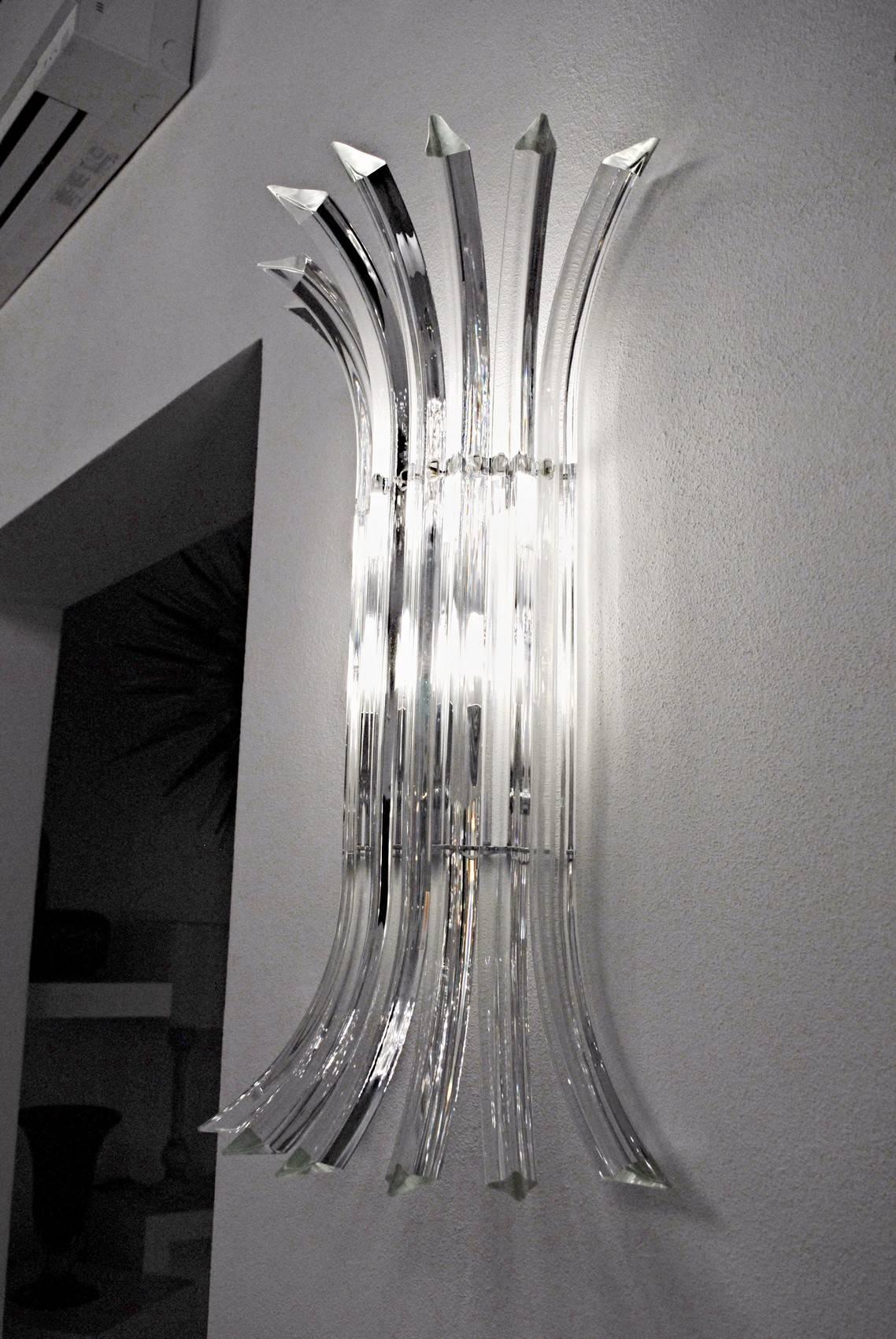 Italian Pair of Tall Eight-Element Clear Murano Glass Triedri Sconces, 1980s