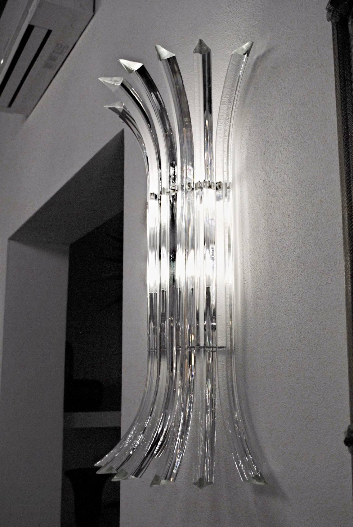 Pair of Tall Eight-Element Clear Murano Glass Triedri Sconces, 1980s 2