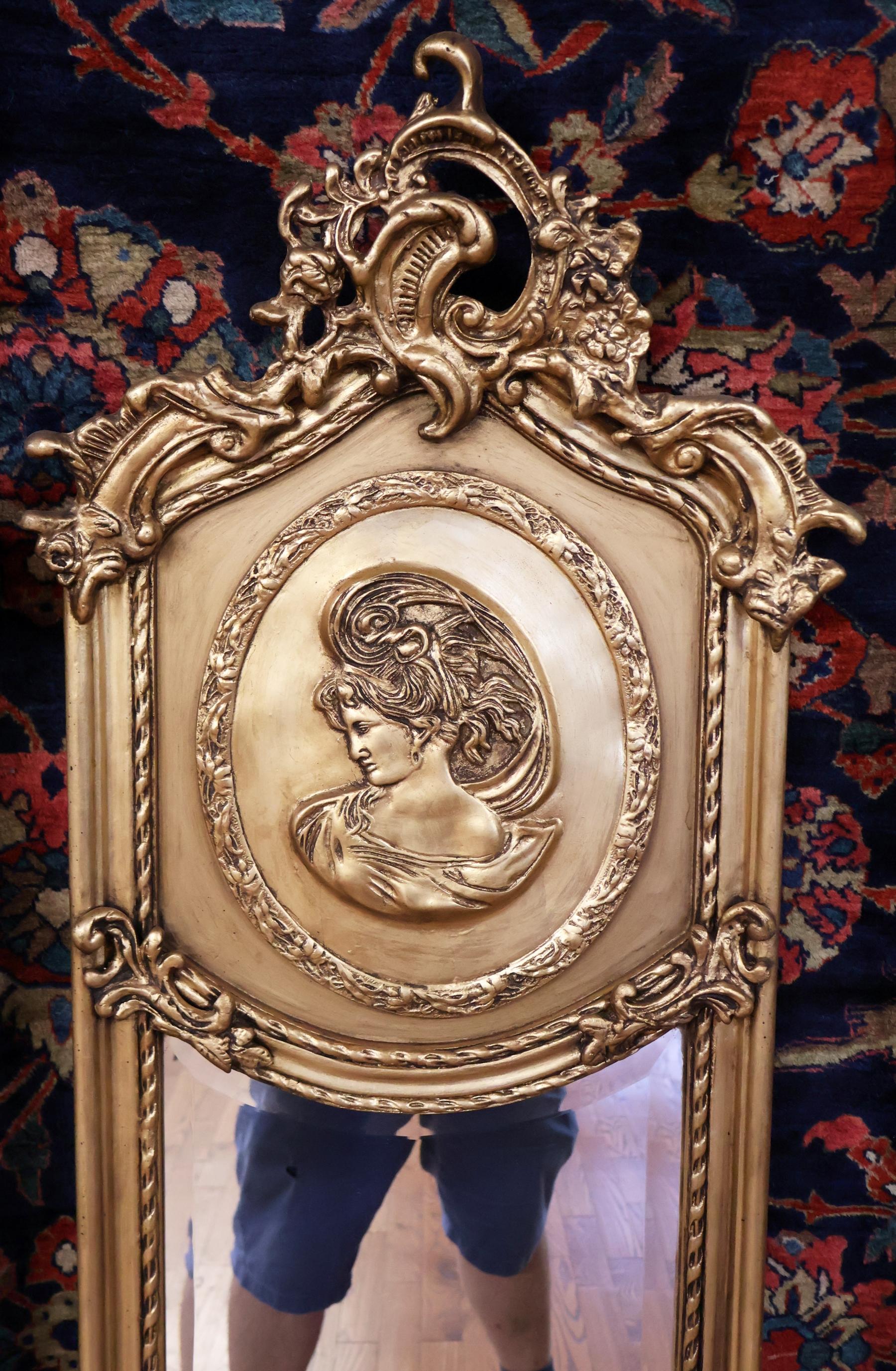 Pair of Tall Narrow Louis XV French Style Gold Figural Beveled Glass Mirrors For Sale 6