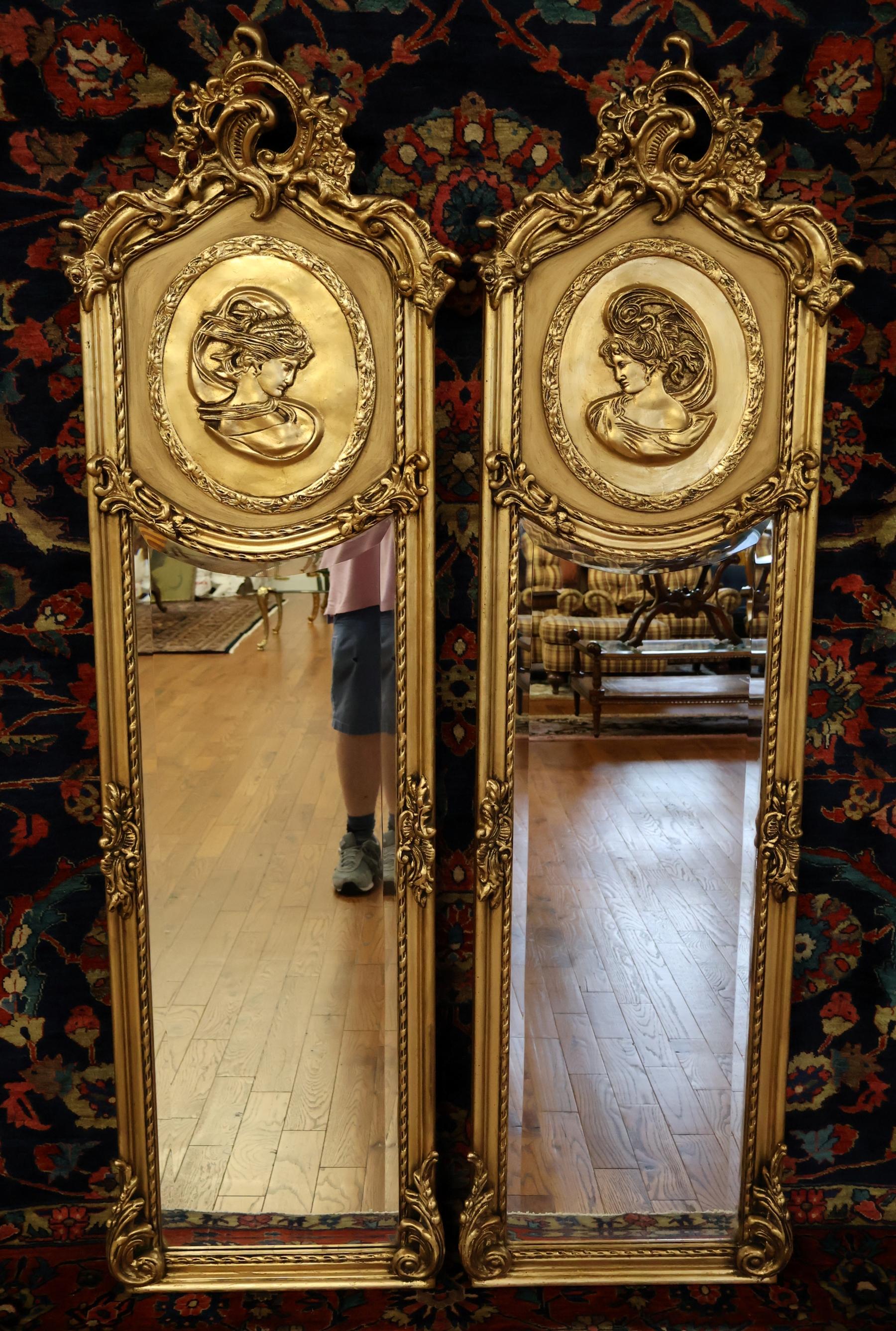 Unknown Pair of Tall Narrow Louis XV French Style Gold Figural Beveled Glass Mirrors For Sale