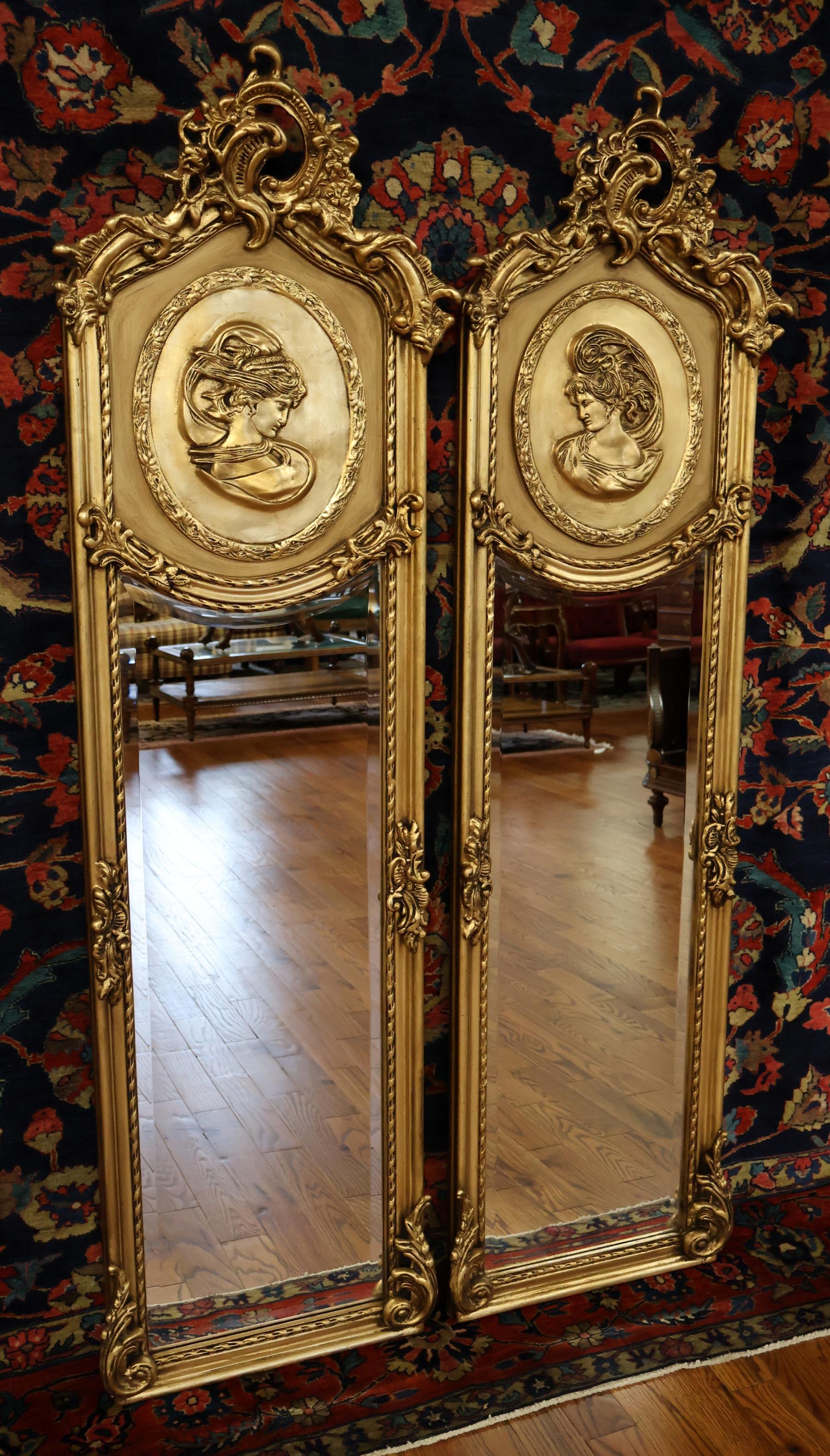 Pair of Tall Narrow Louis XV French Style Gold Figural Beveled Glass Mirrors In Good Condition For Sale In Long Branch, NJ